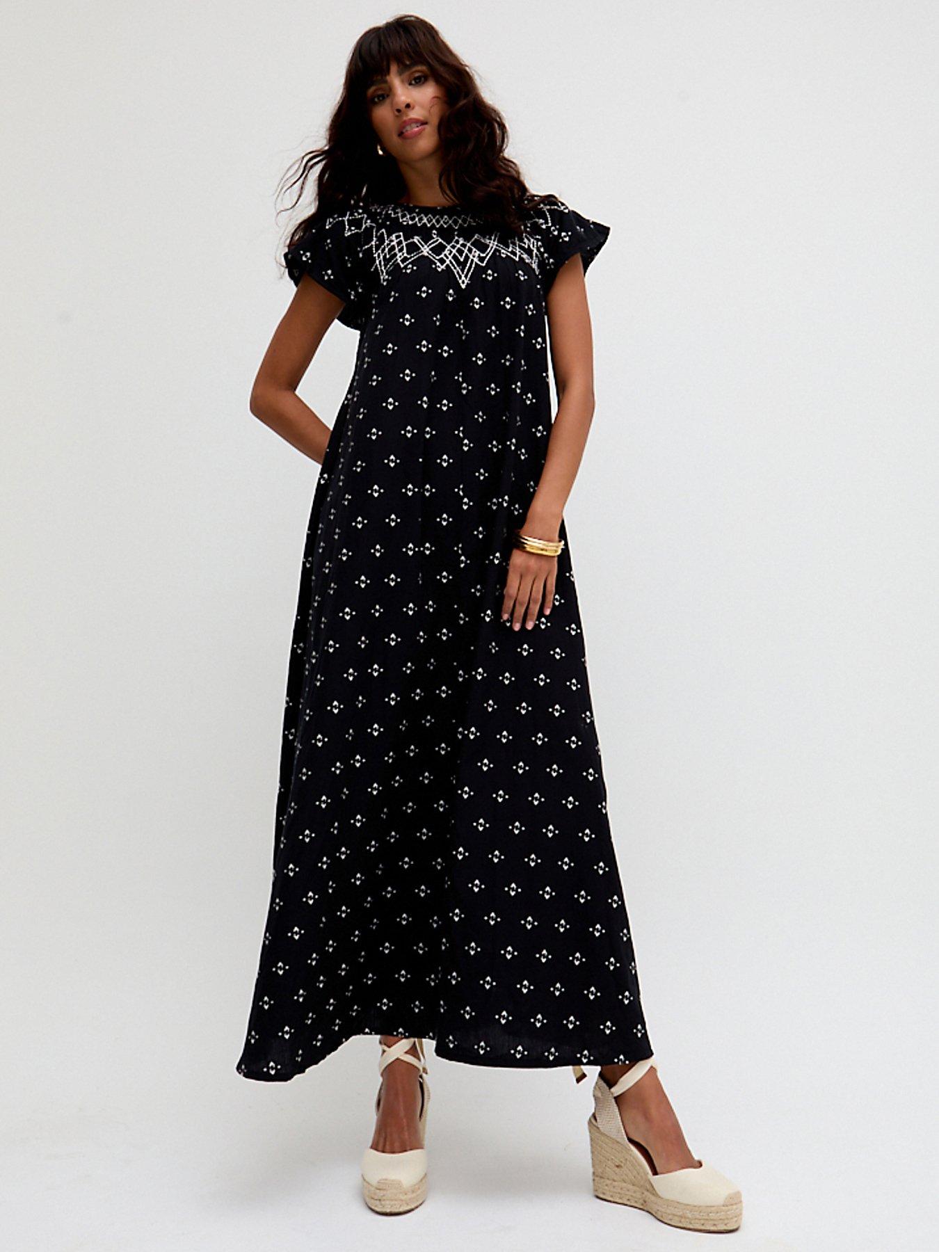  image of raffya-willow-embroidered-shirring-jacquard-maxi-dress-black