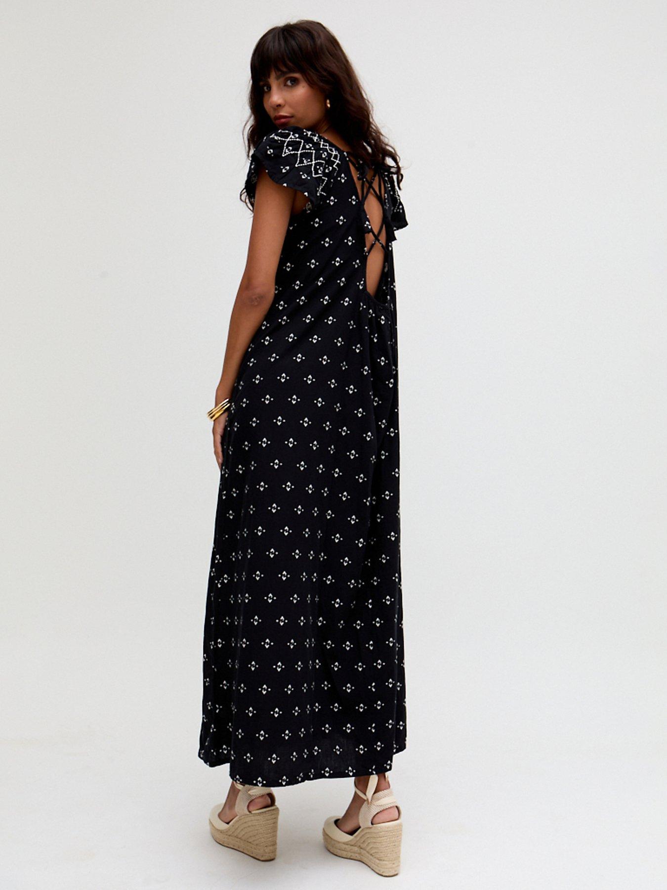  image of raffya-willow-embroidered-shirring-jacquard-maxi-dress-black