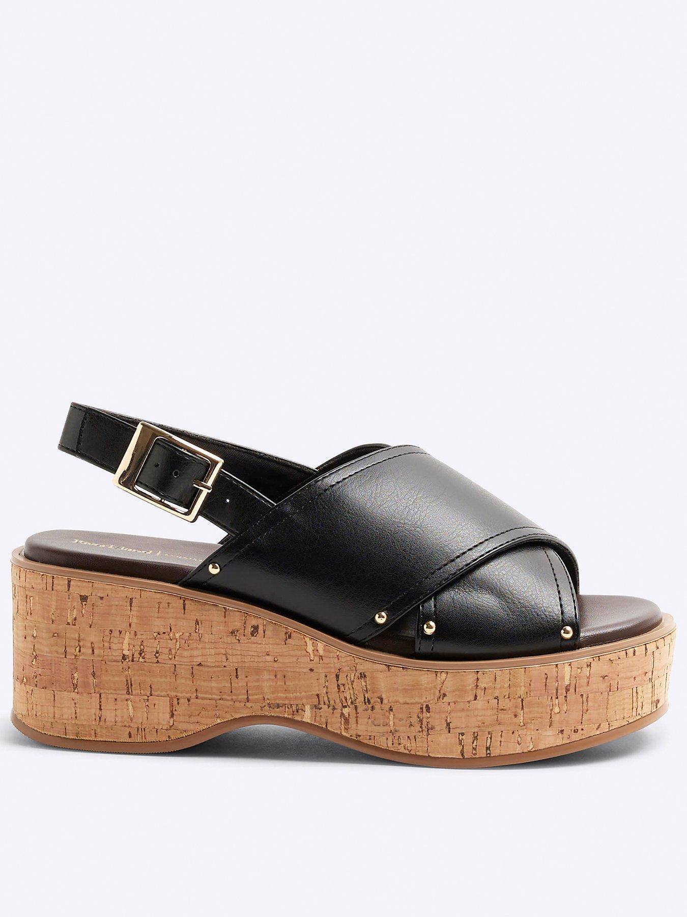 front image of river-island-cross-strap-sling-back-wedge-black