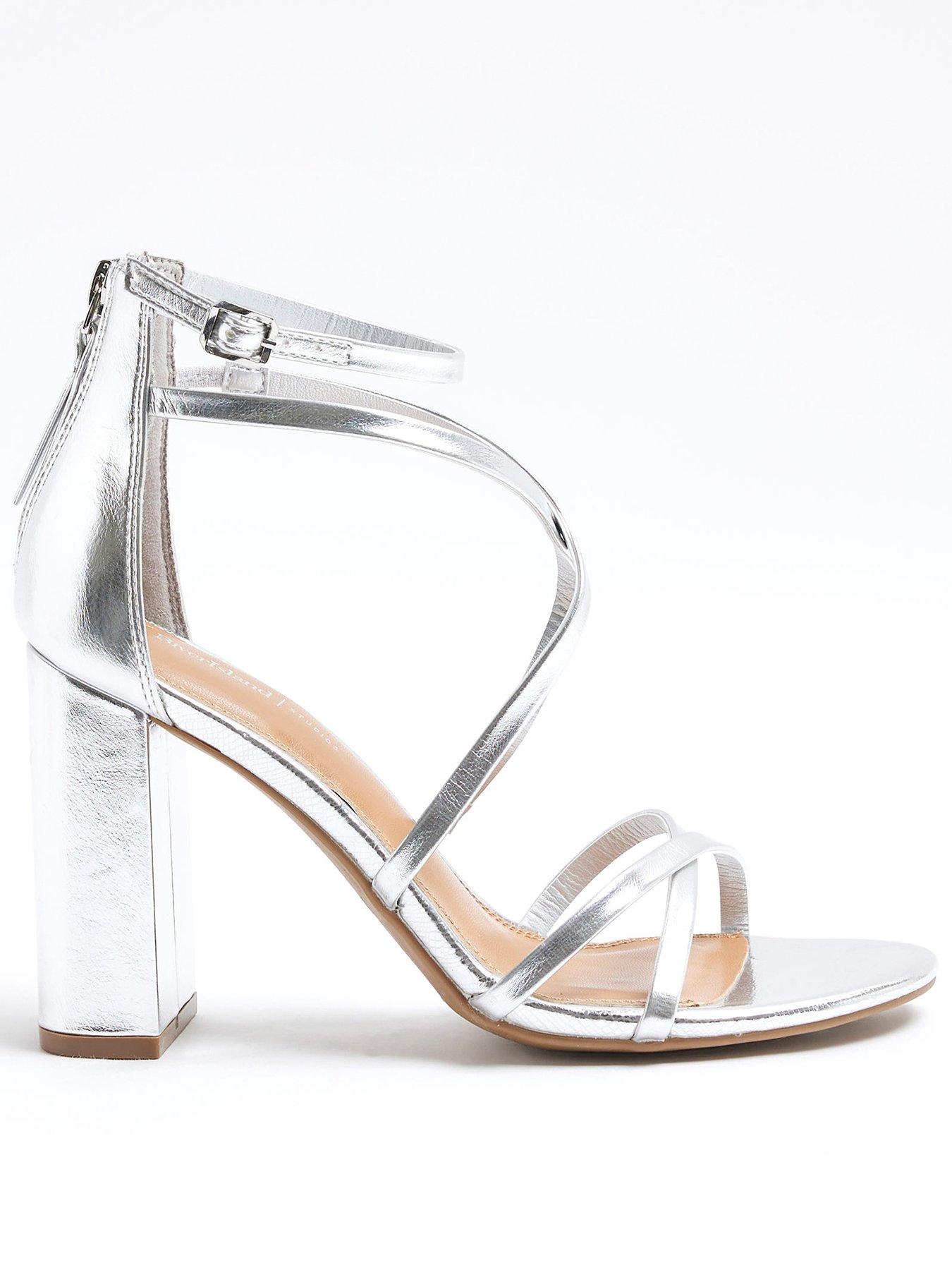 Image 1 of 6 of River Island Strappy Block Heel Sandals - Silver