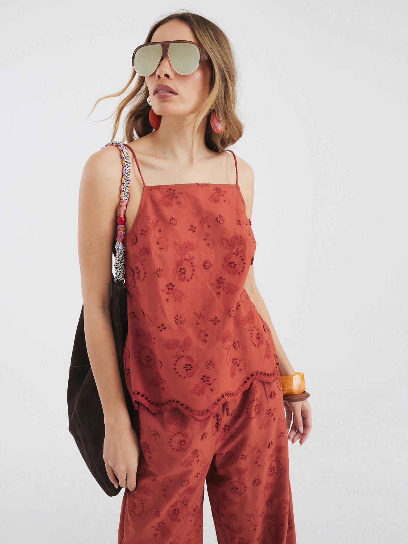 Image 1 of 4 of River Island Embroidered Tunic Top - Rust
