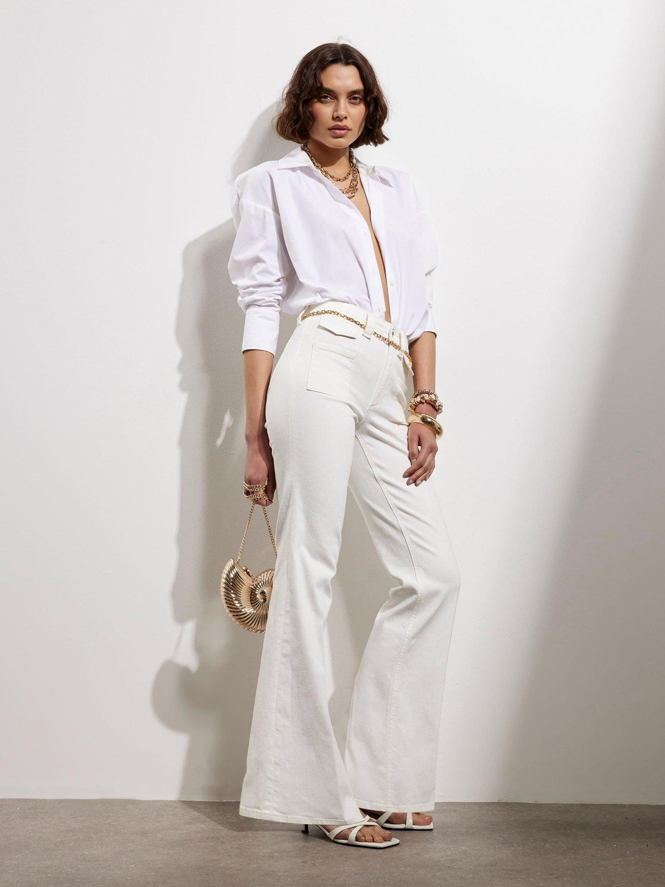 undefined Gold Belted High Waist Flared Jean - White