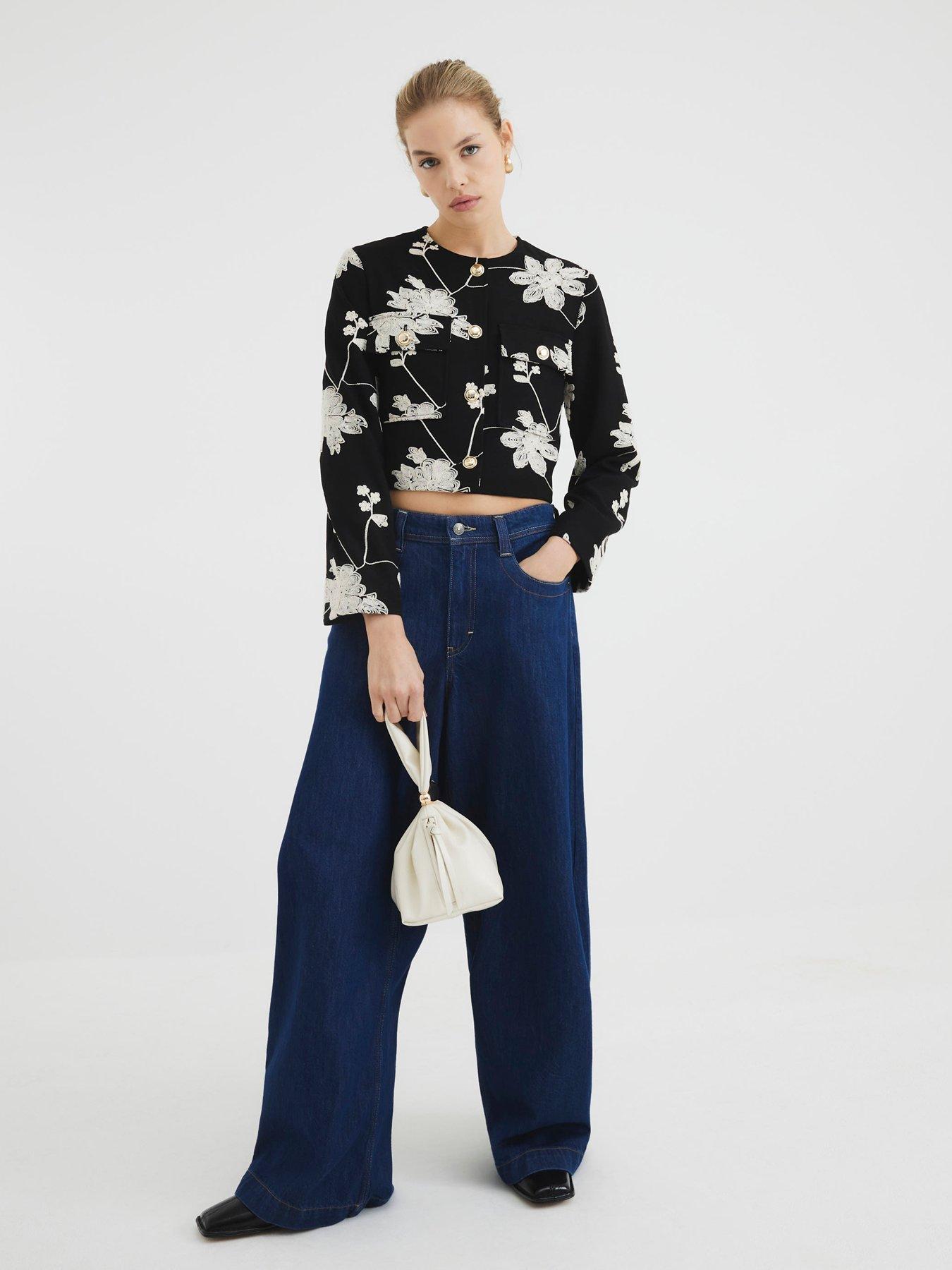  image of river-island-embroidered-collarless-jacket-black