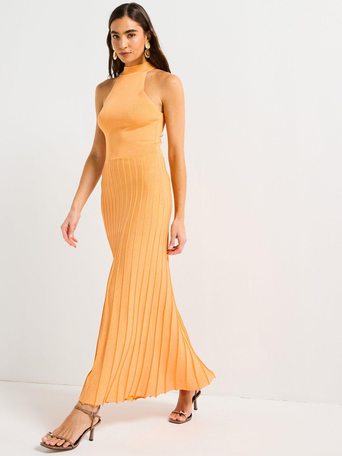 front image of style-cheat-orange-knitted-shimmer-pleat-dress-orange