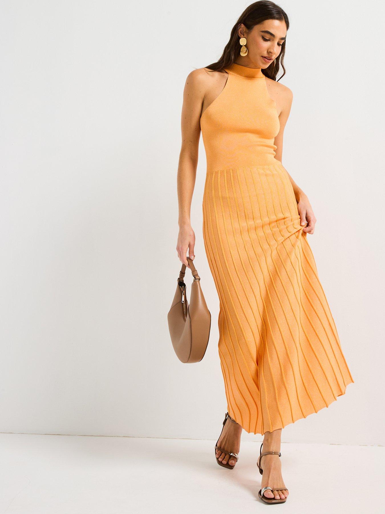  image of style-cheat-orange-knitted-shimmer-pleat-dress-orange