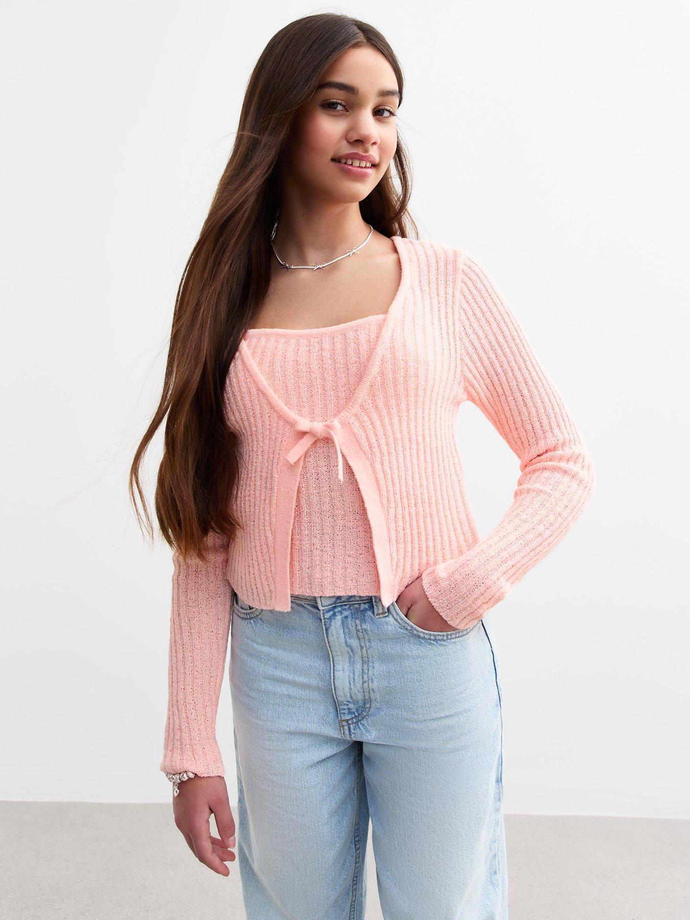 new-look-915-girls-pink-2-in-1-tie-front-cardigan-dark-pink