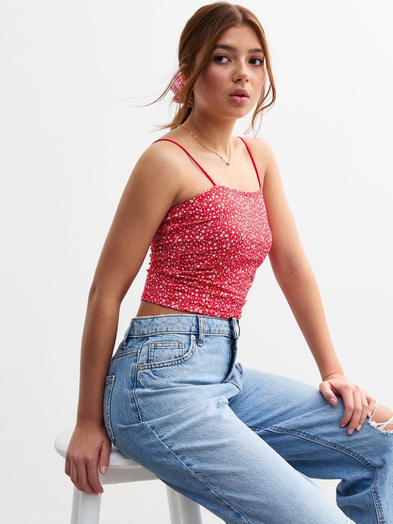 new-look-915-girls-ditsy-print-ruched-cami-top-red