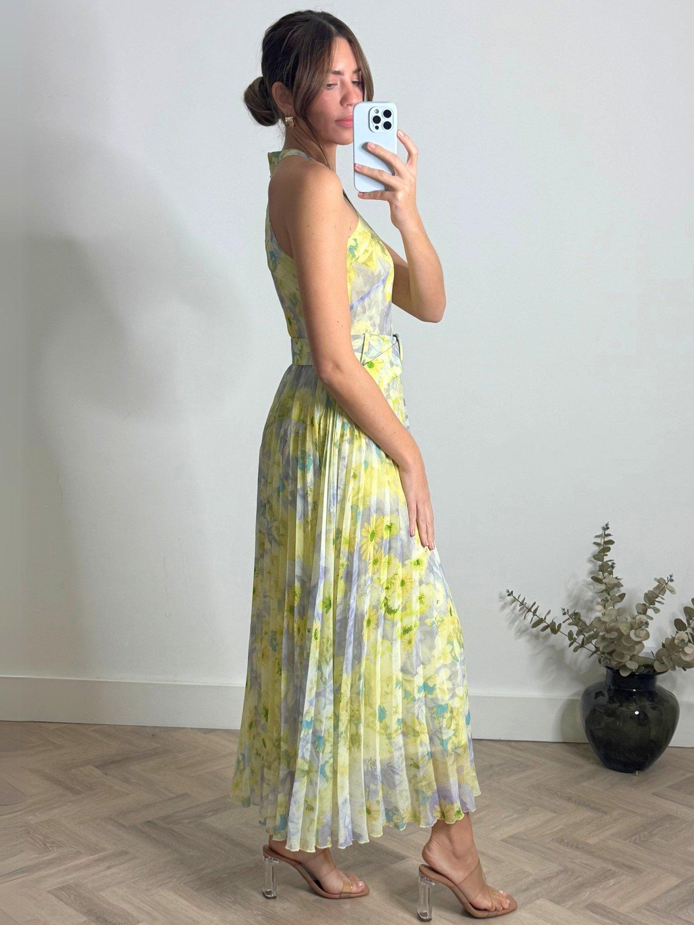 paige halter pleated belted dress Blue Floral Halter Dress