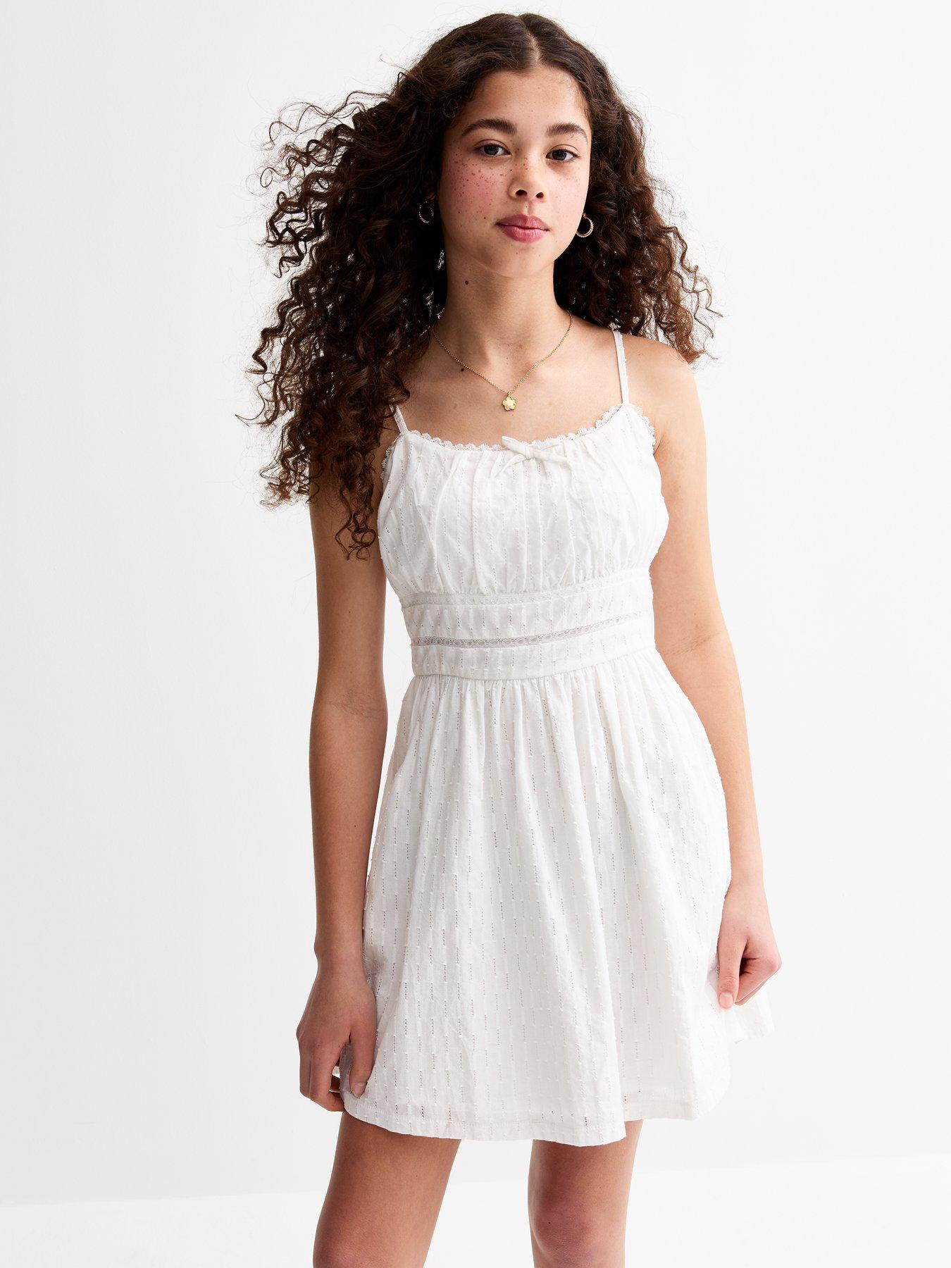  image of new-look-915-girls-lace-insert-fitted-waist-mini-dress-white