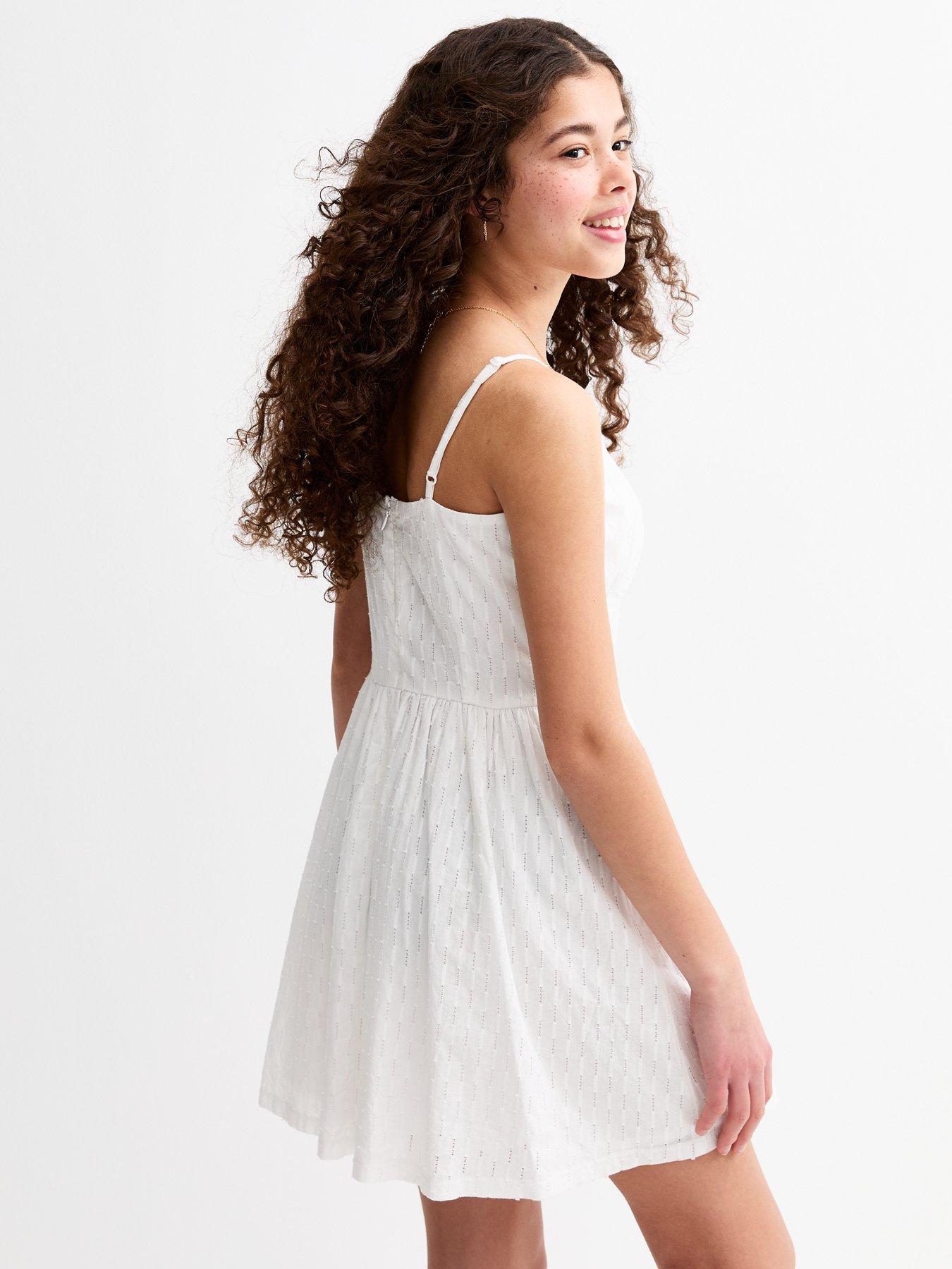  image of new-look-915-girls-lace-insert-fitted-waist-mini-dress-white