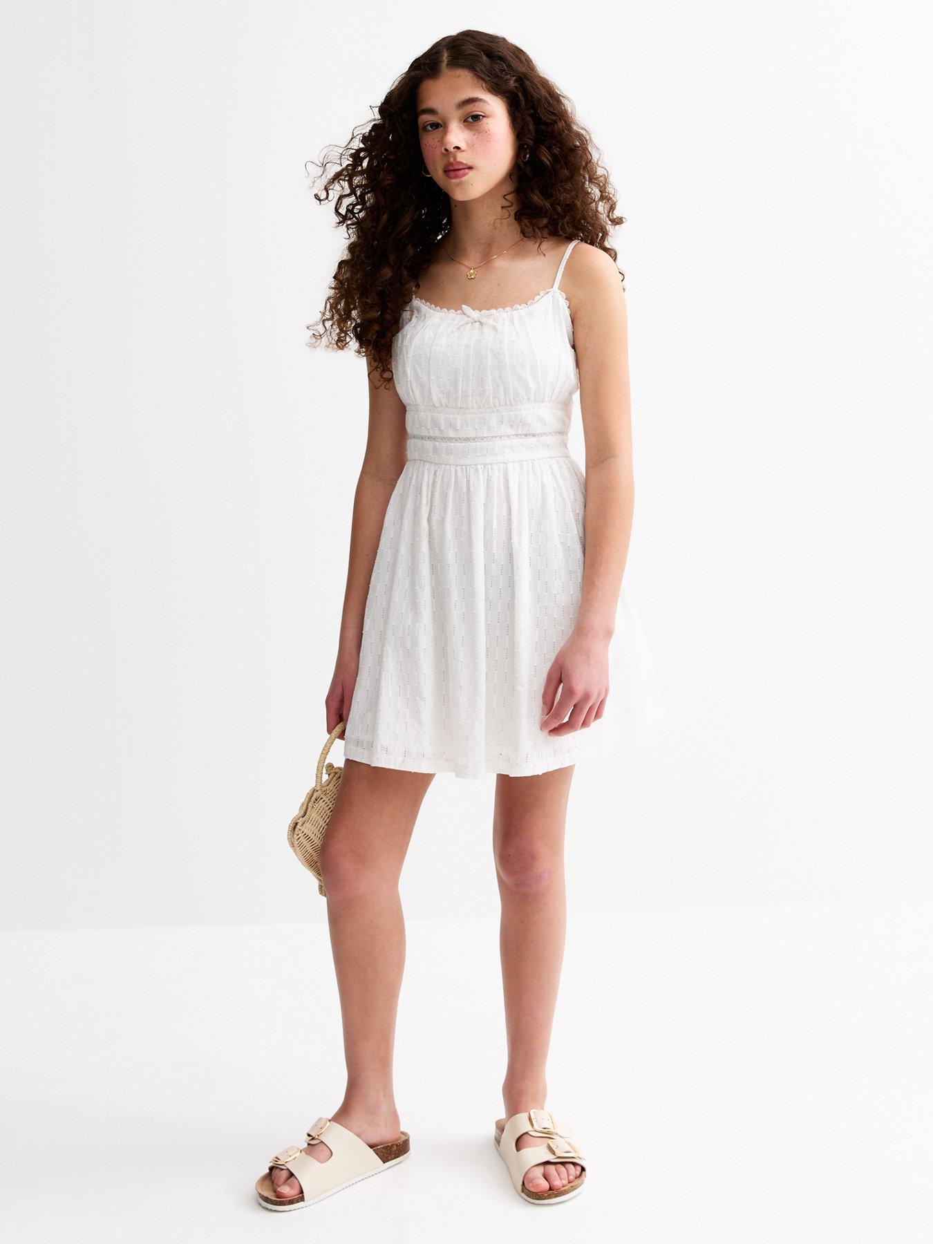  image of new-look-915-girls-lace-insert-fitted-waist-mini-dress-white