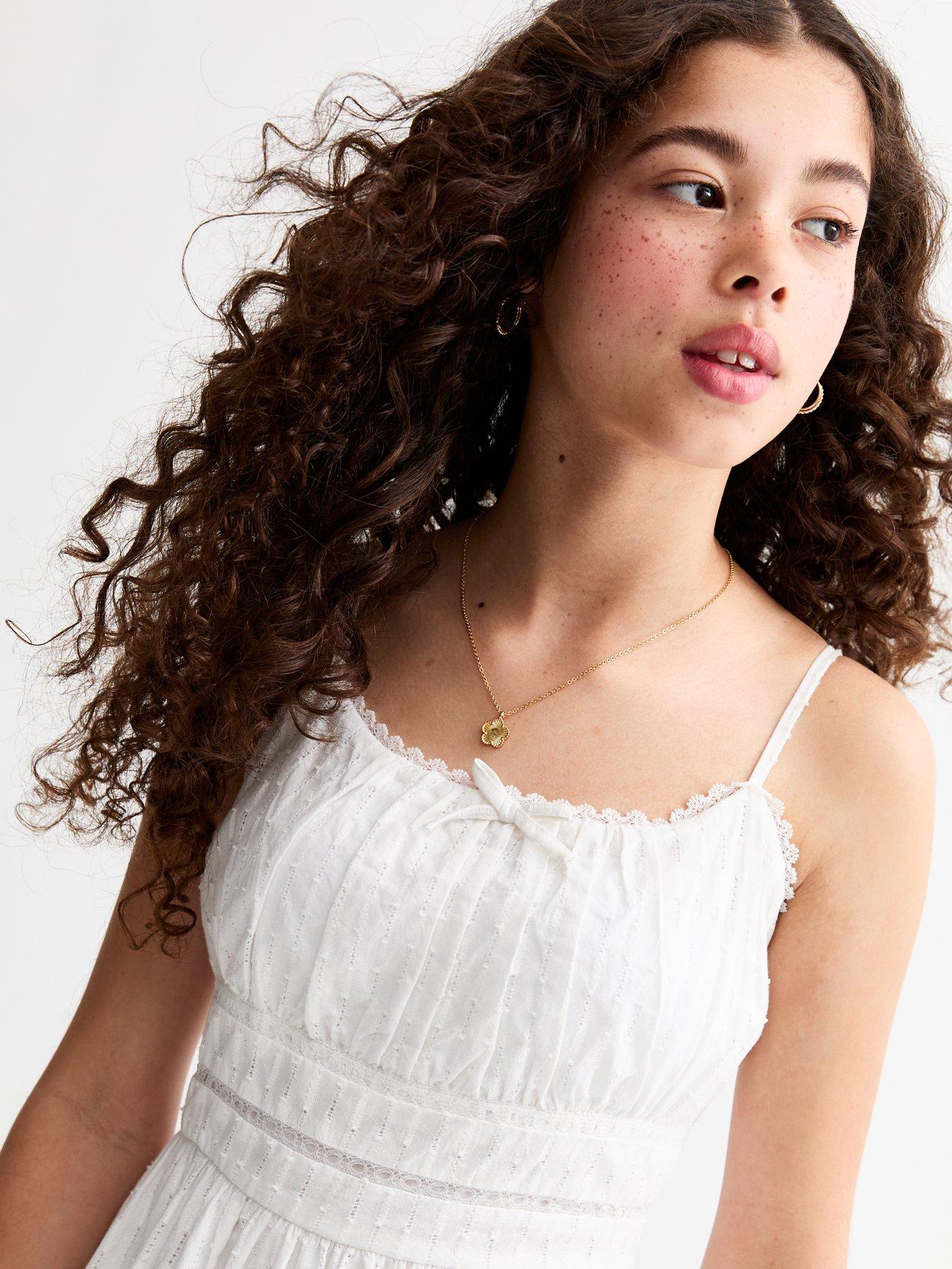  image of new-look-915-girls-lace-insert-fitted-waist-mini-dress-white