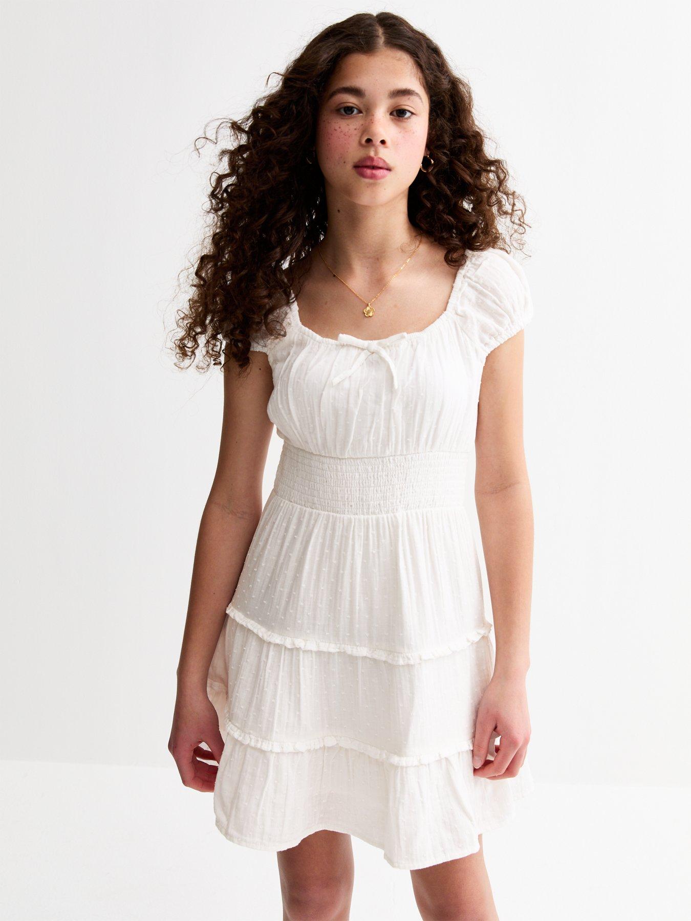 Image 1 of 4 of New Look 915 Girls Swiss Dot Milkmaid Mini Dress - White