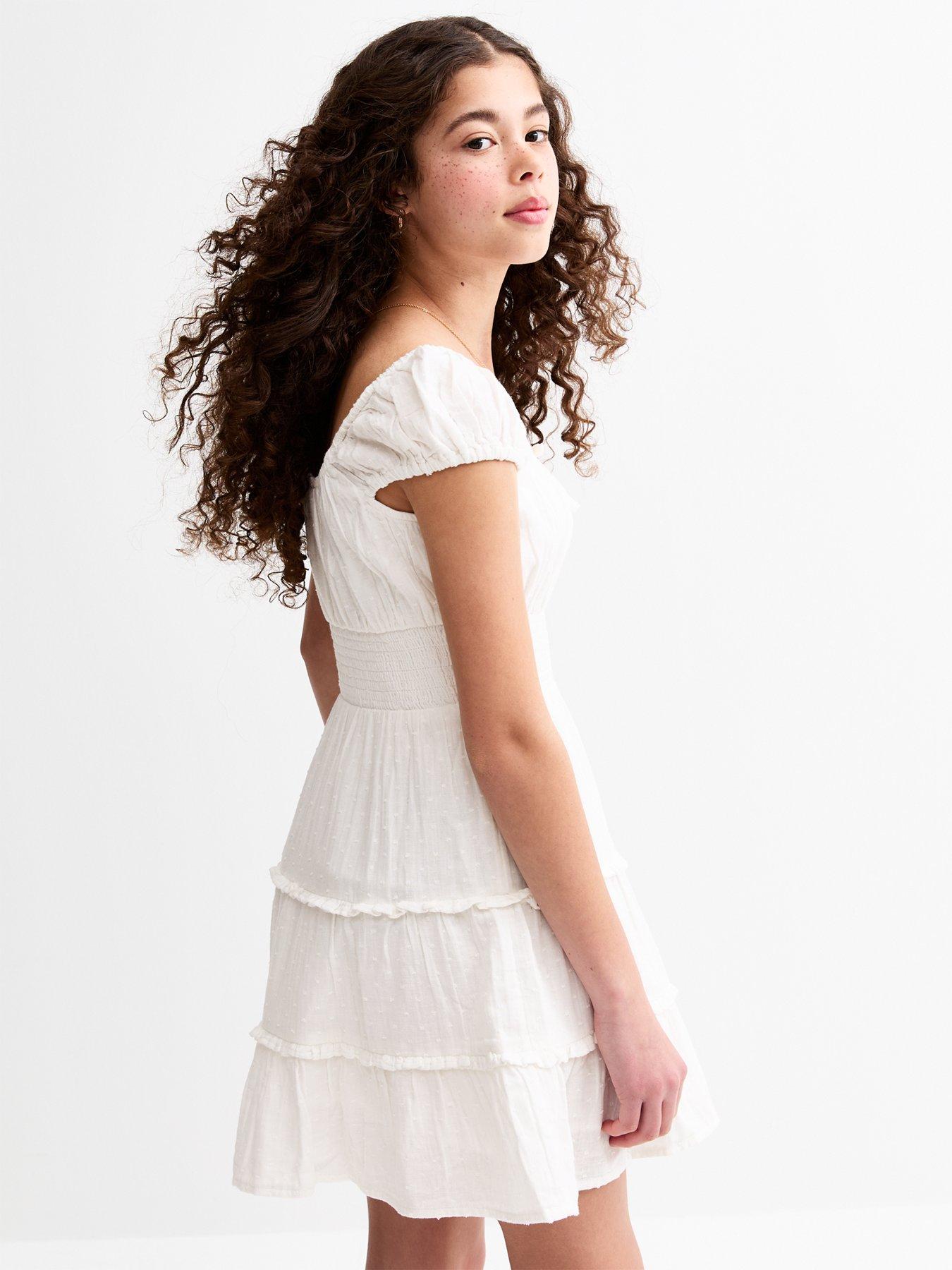Image 2 of 4 of New Look 915 Girls Swiss Dot Milkmaid Mini Dress - White