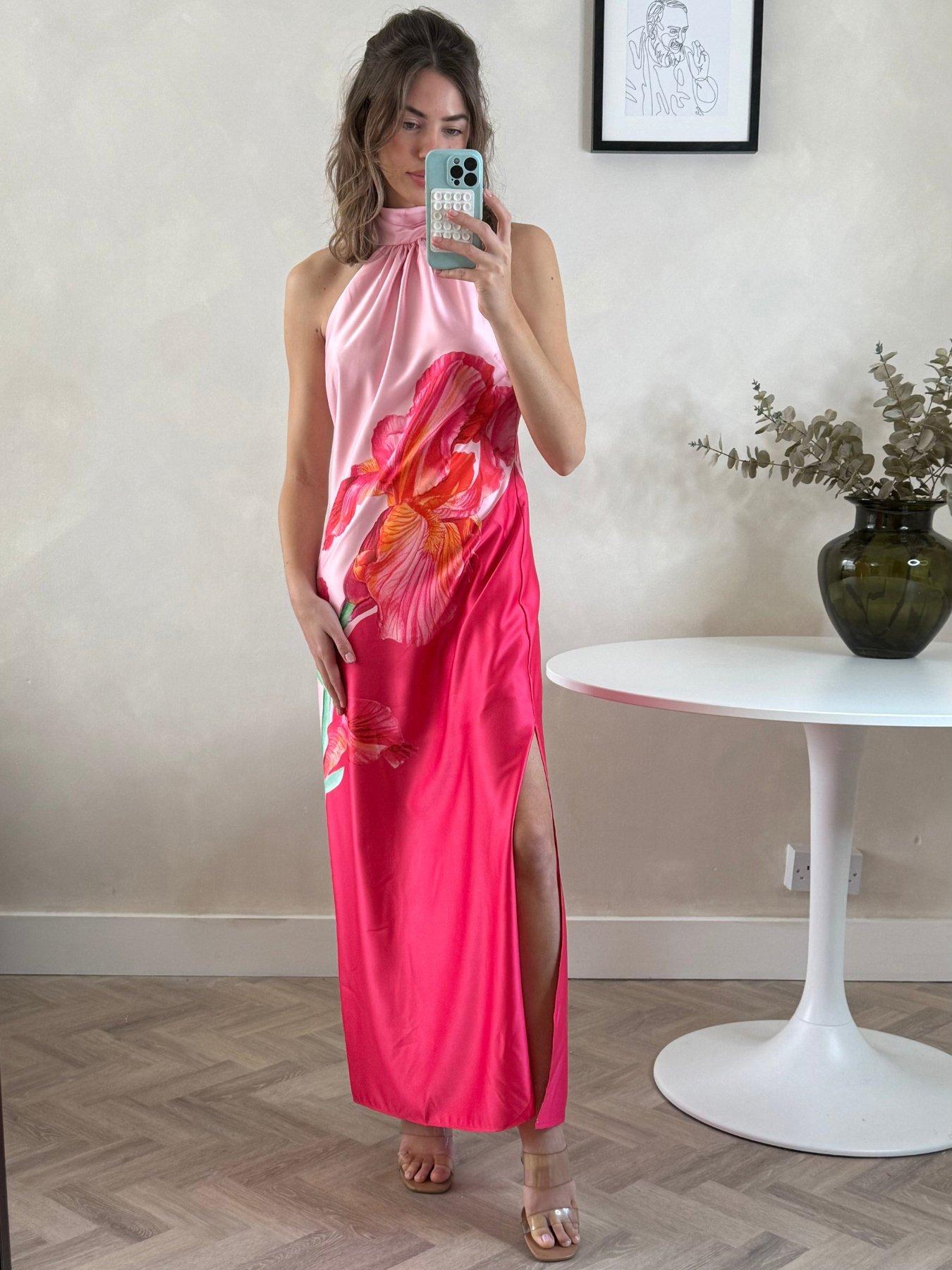 Style Cheat Halter Neck Tropical Floral Midi Dress - Pink