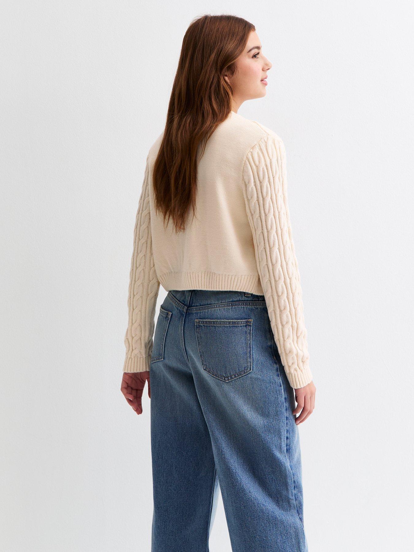  image of new-look-915-girls-cream-cable-knit-crop-cardigan