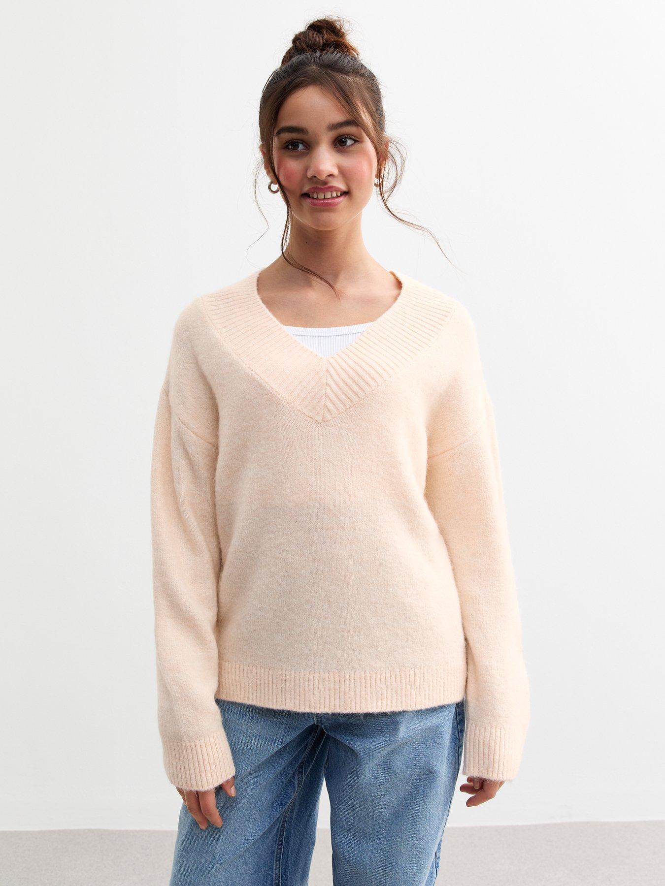  image of new-look-915-girls-off-white-ribbed-trim-knitted-v-neck-jumper