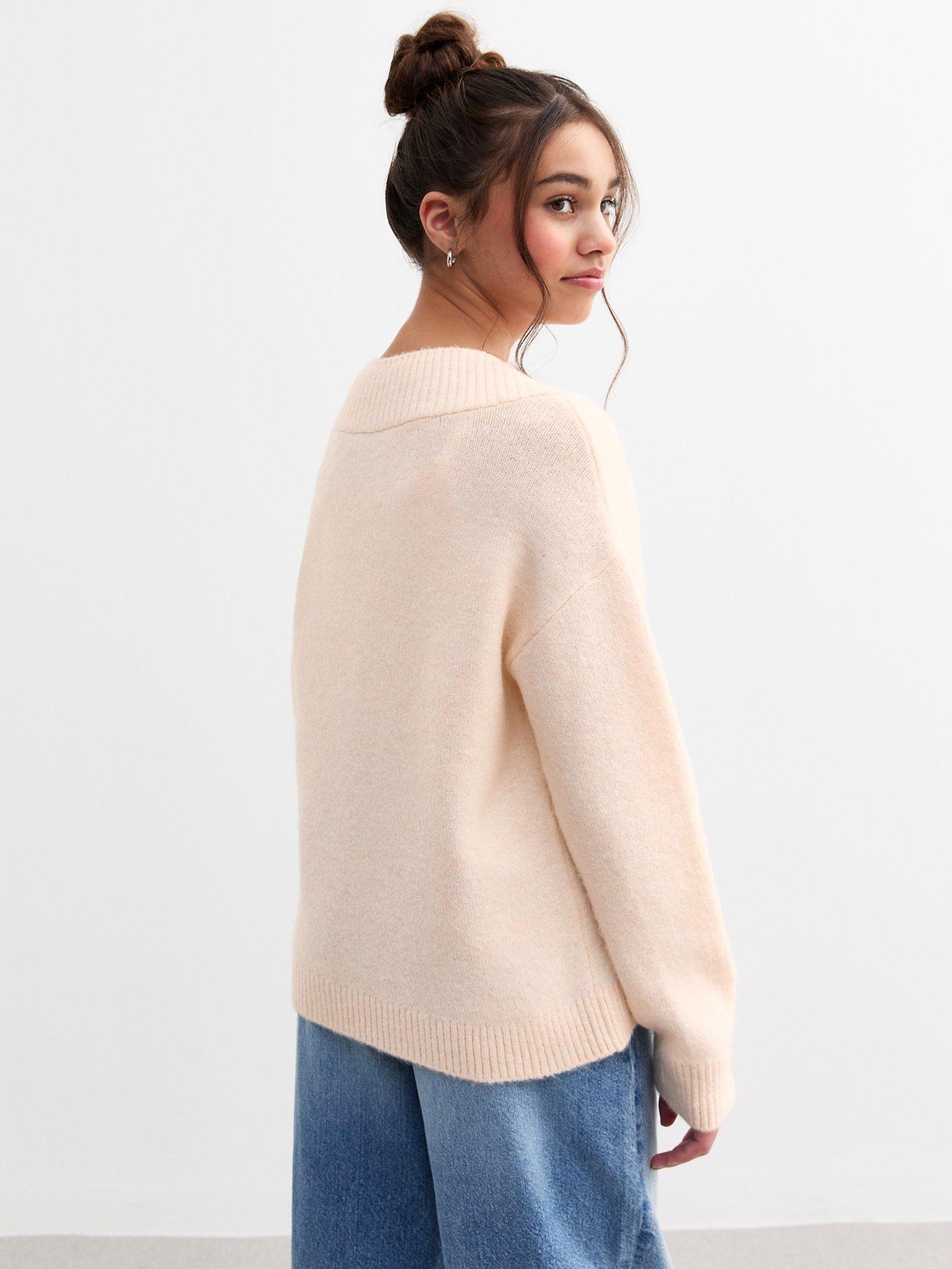  image of new-look-915-girls-off-white-ribbed-trim-knitted-v-neck-jumper