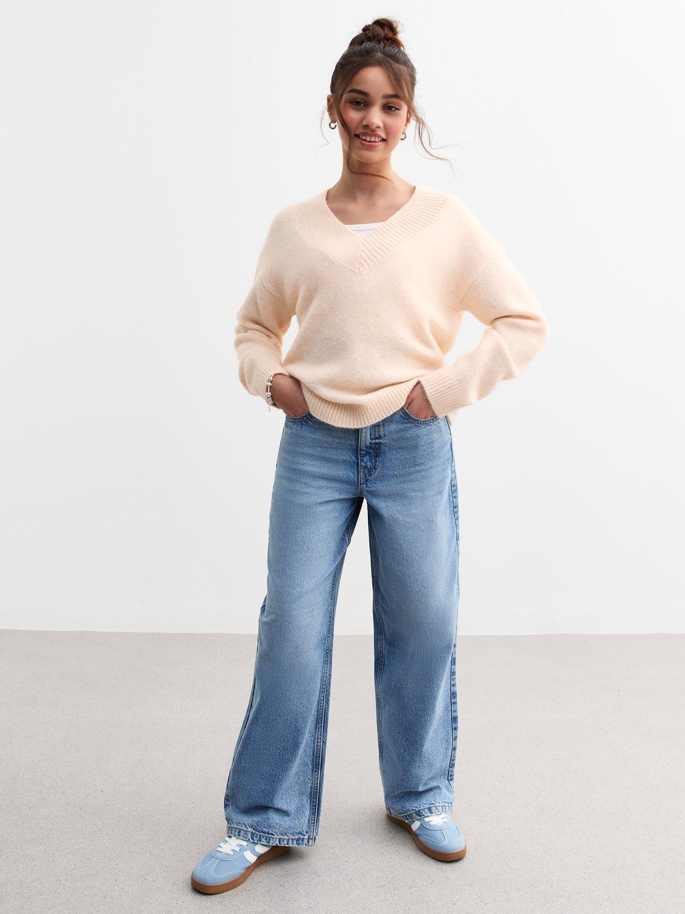  image of new-look-915-girls-off-white-ribbed-trim-knitted-v-neck-jumper