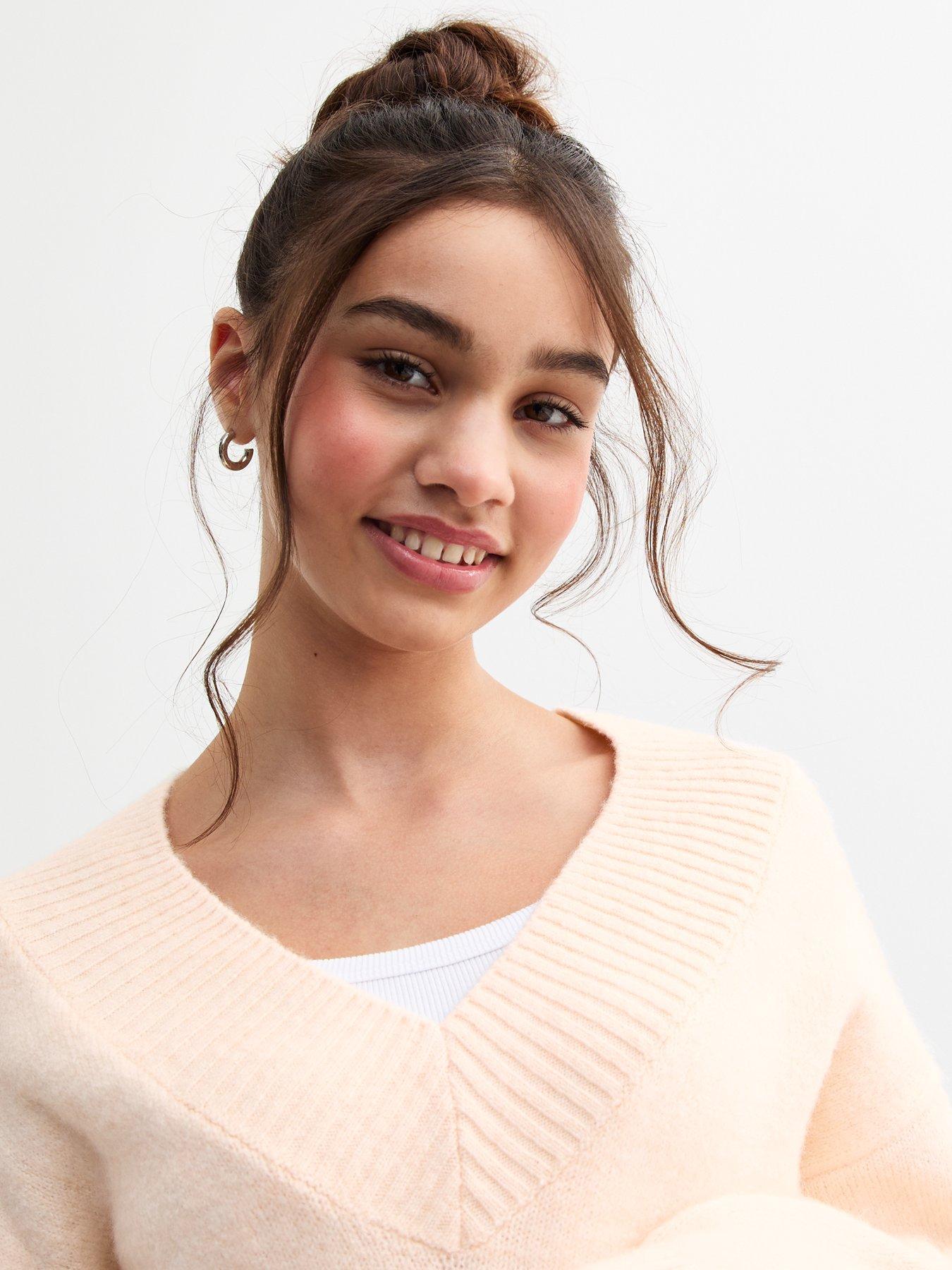  image of new-look-915-girls-off-white-ribbed-trim-knitted-v-neck-jumper