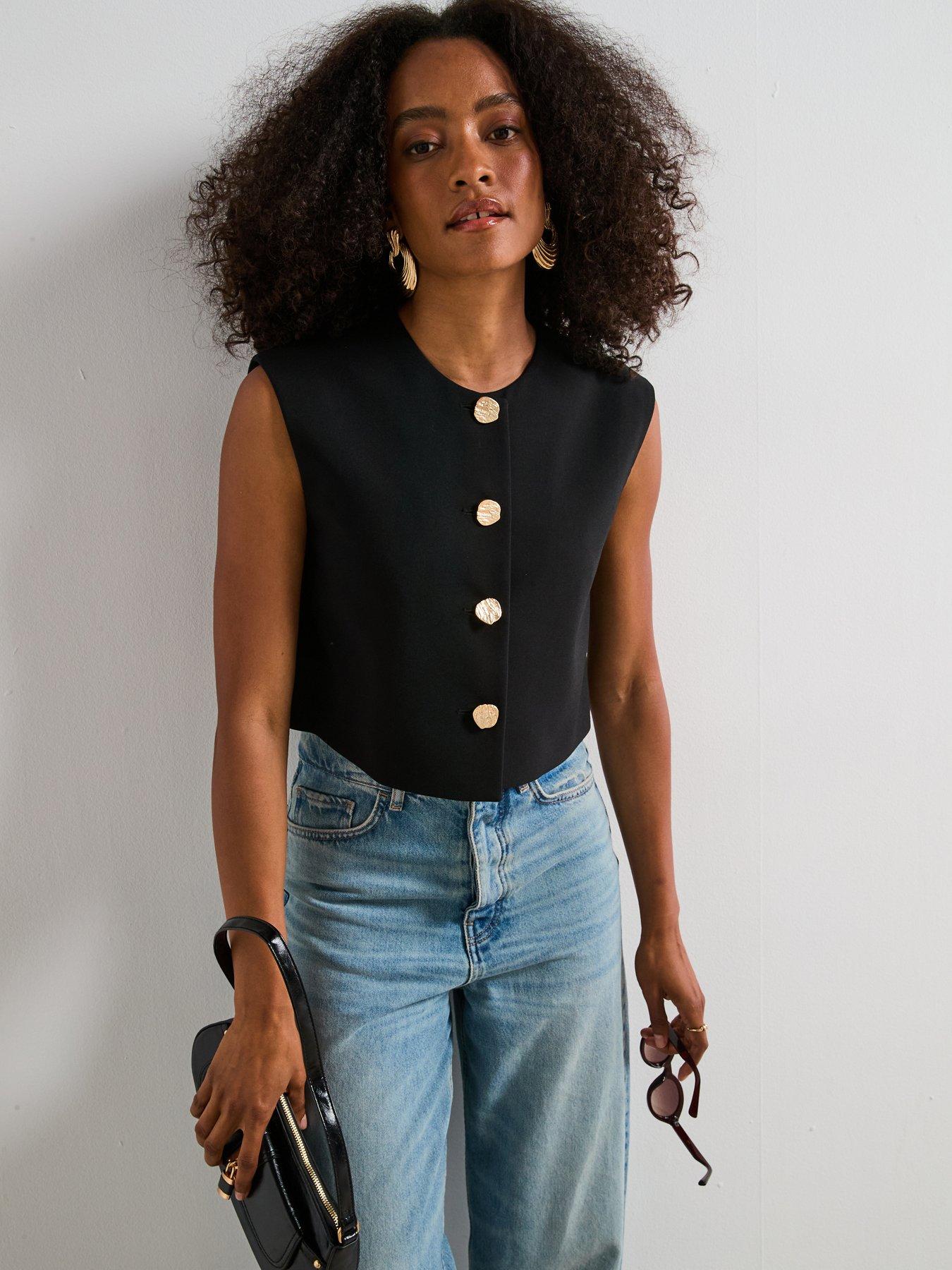 undefined Round Neck Scoop Waistcoat with Statement Button - Black