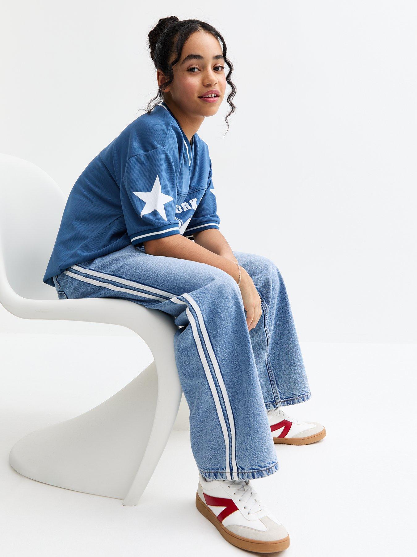  image of new-look-915-girls-blue-contrast-stripe-wide-leg-jeans