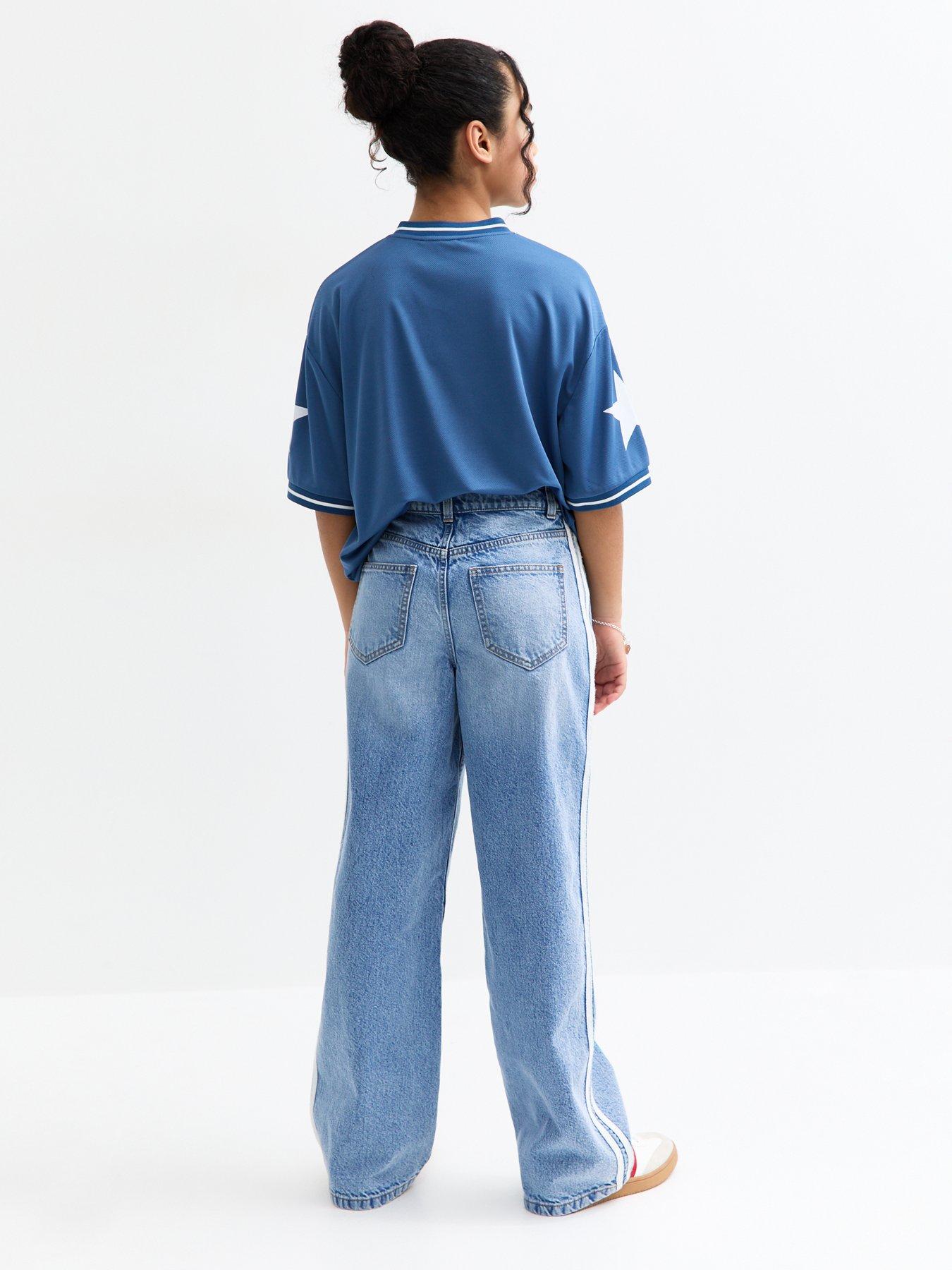  image of new-look-915-girls-blue-contrast-stripe-wide-leg-jeans