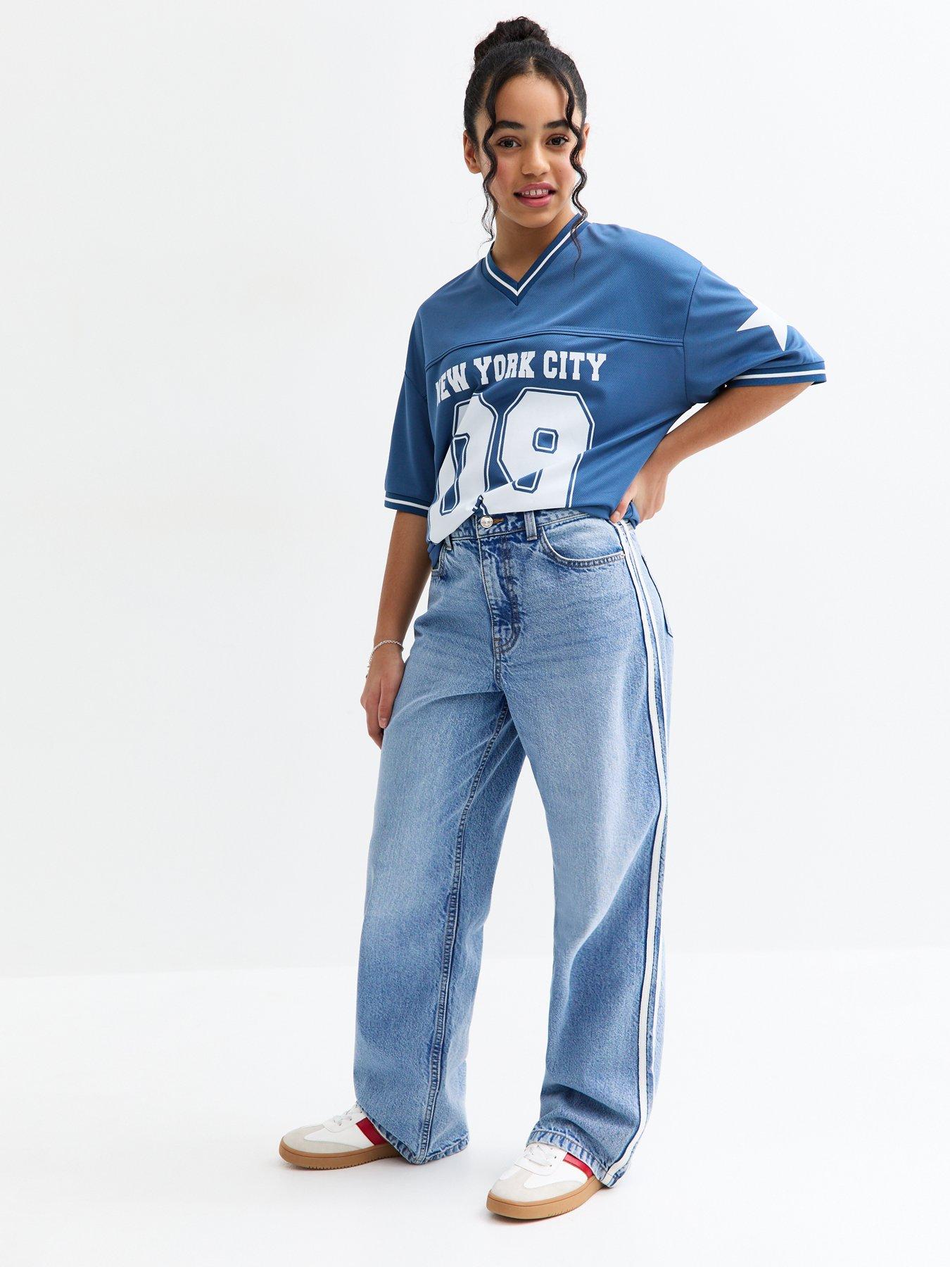  image of new-look-915-girls-blue-contrast-stripe-wide-leg-jeans