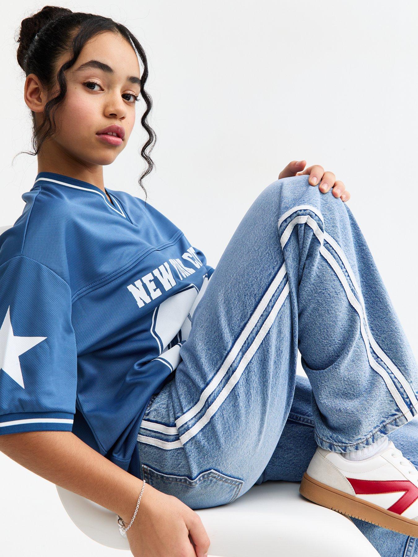  image of new-look-915-girls-blue-contrast-stripe-wide-leg-jeans