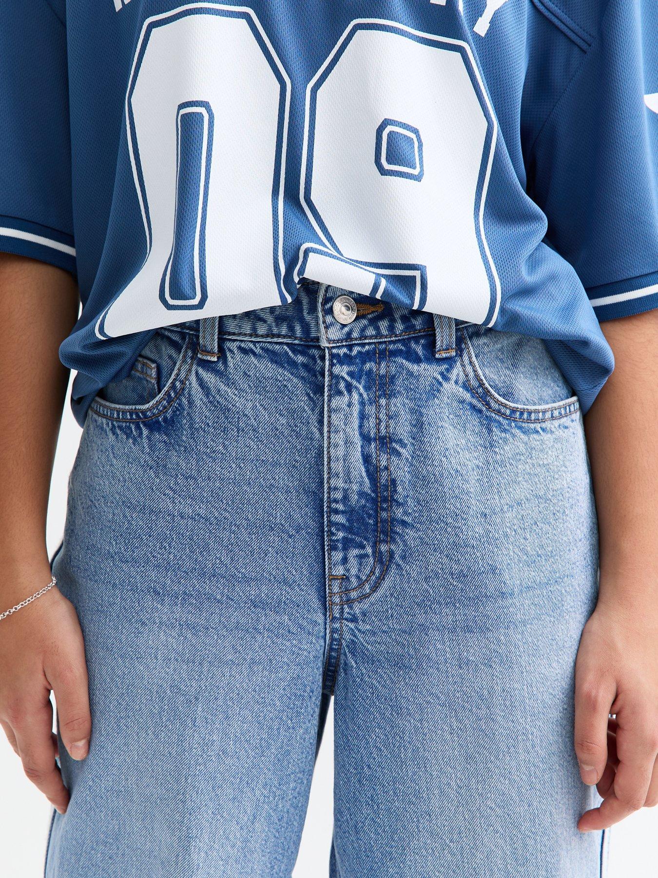  image of new-look-915-girls-blue-contrast-stripe-wide-leg-jeans