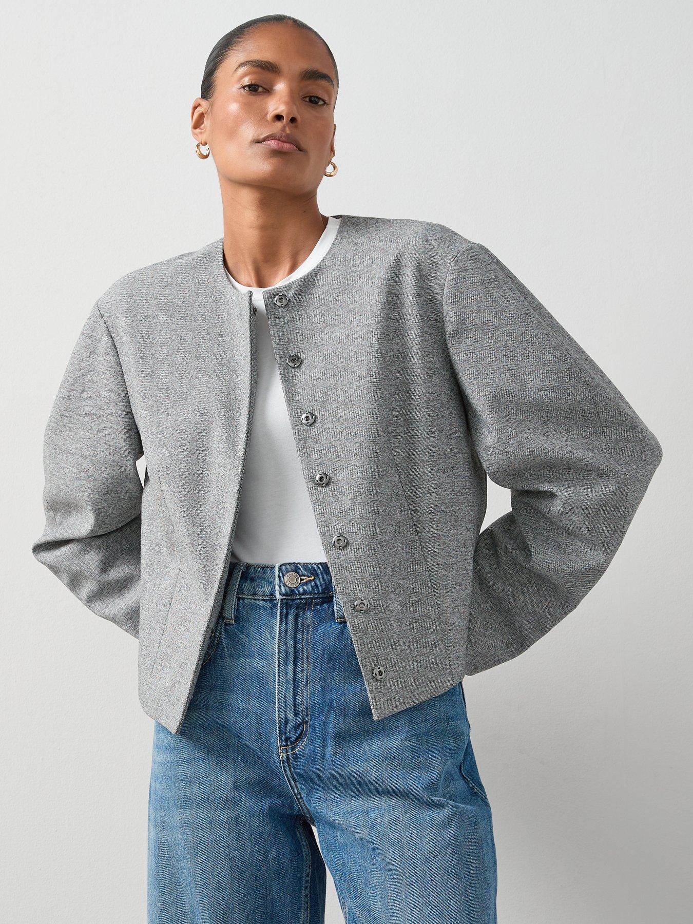 undefined Round Neck Jackets - Grey