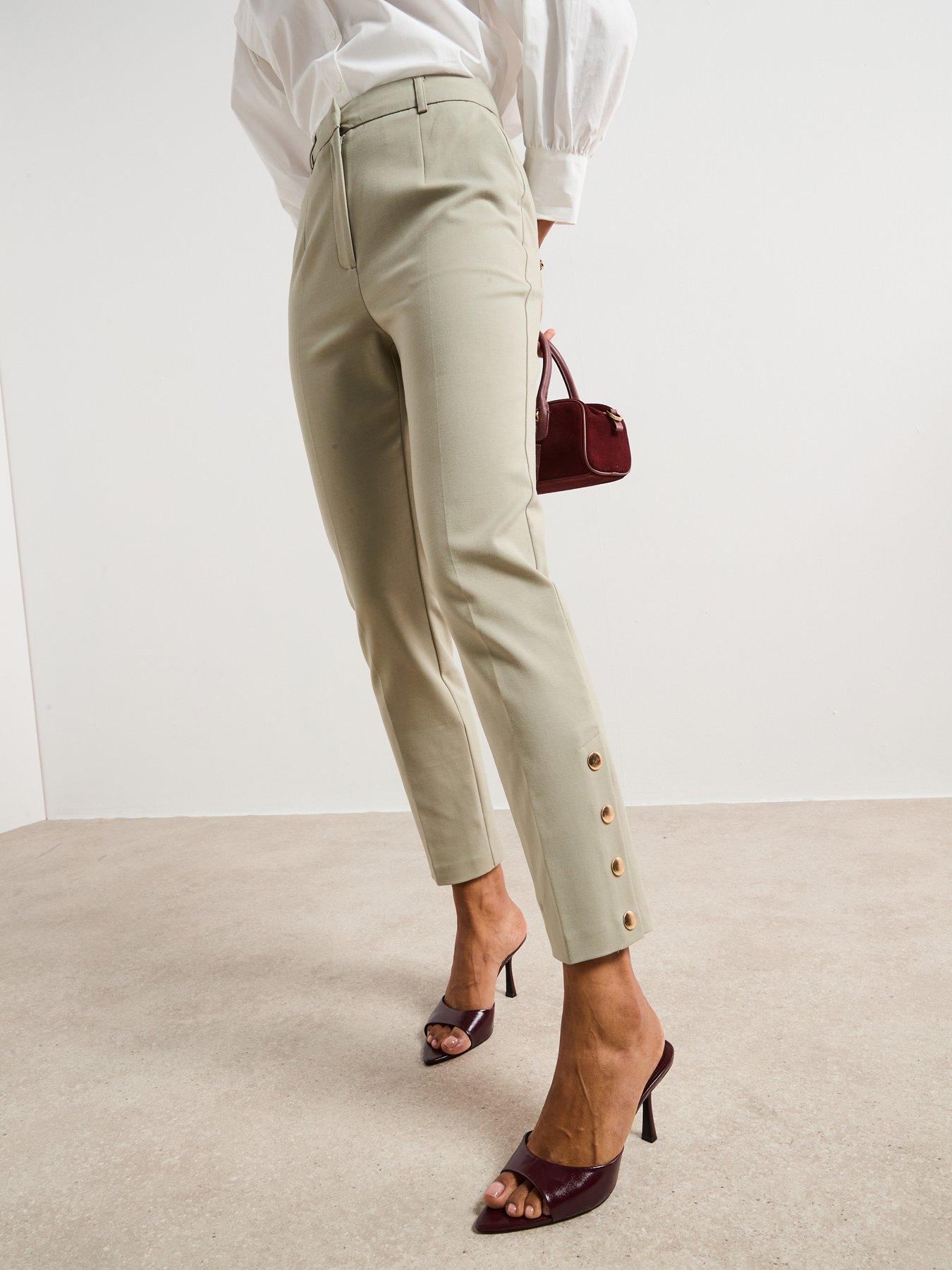 front image of the-very-collection-button-cuff-trousers-green