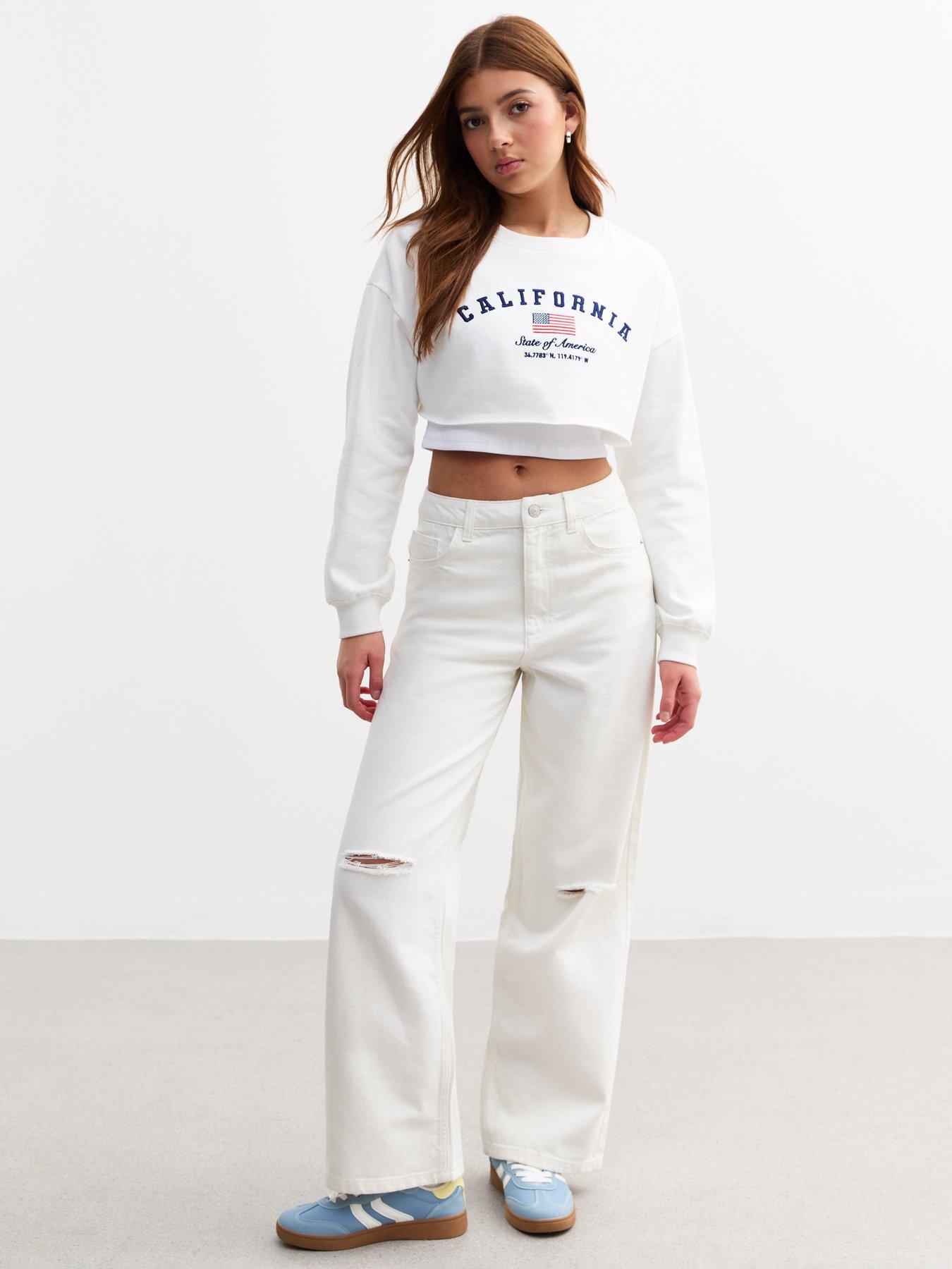 undefined Girls Ripped Knee Wide Leg Jeans - White