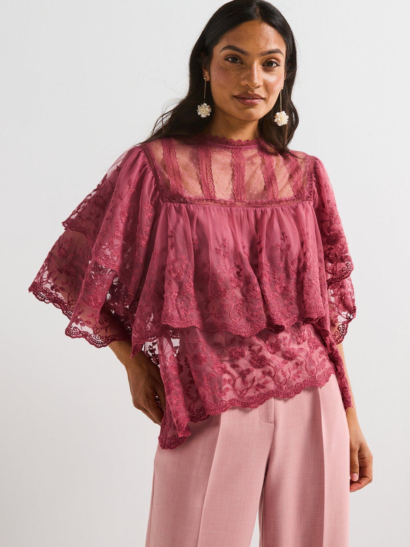 front image of v-by-very-sheer-lace-frill-short-sleeve-blouse-pink