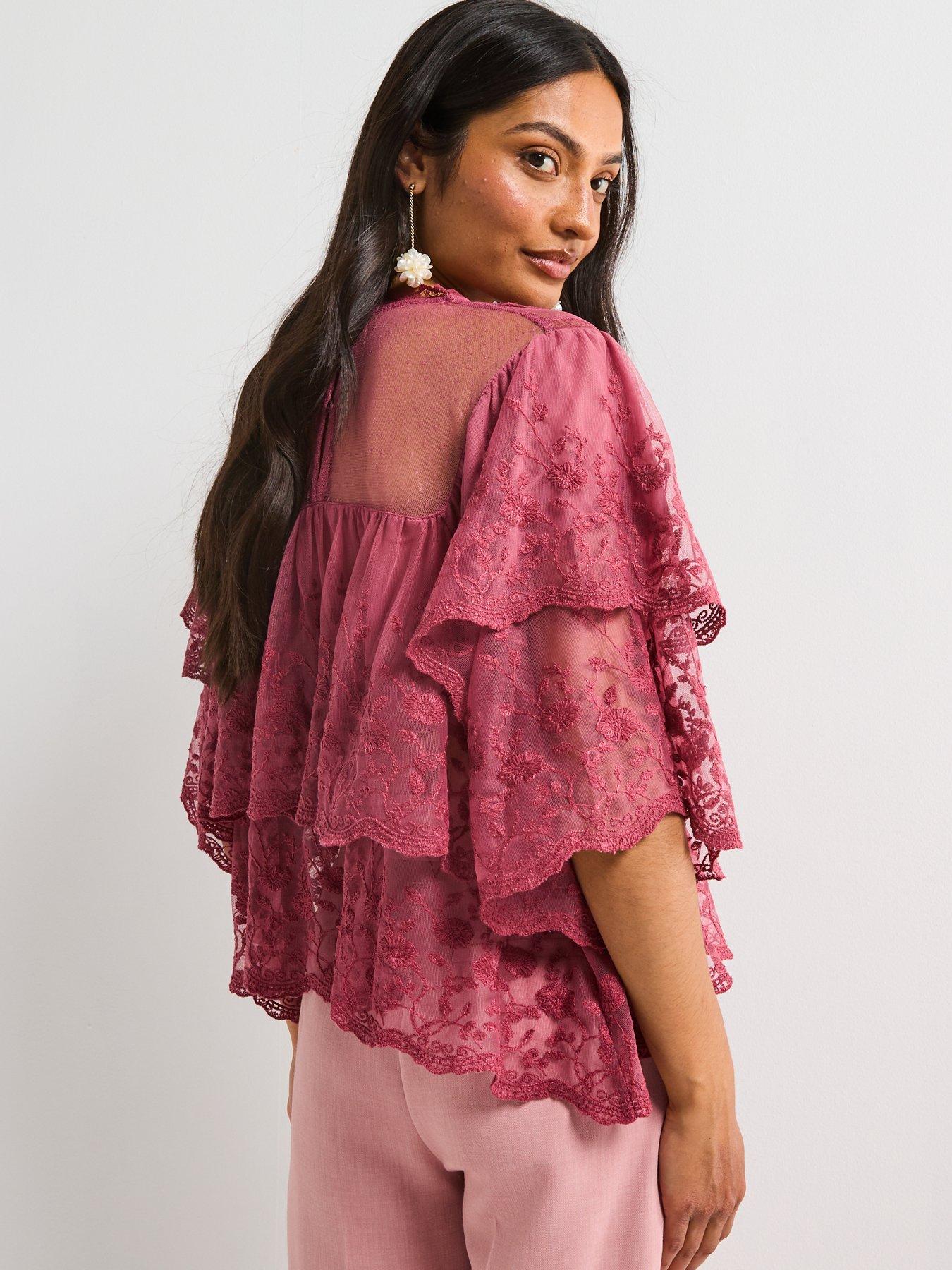 stillFront image of v-by-very-sheer-lace-frill-short-sleeve-blouse-pink
