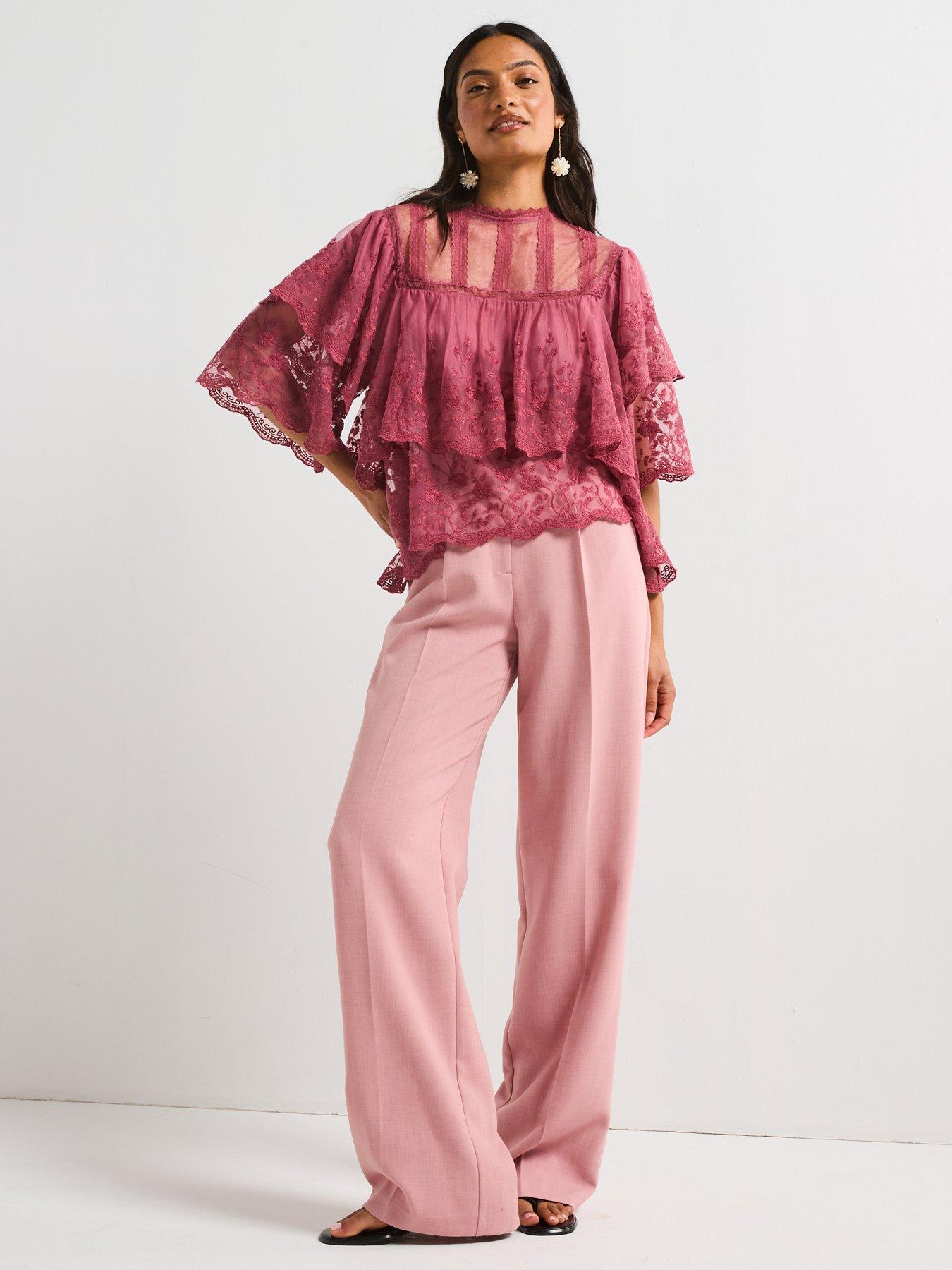  image of v-by-very-sheer-lace-frill-short-sleeve-blouse-pink