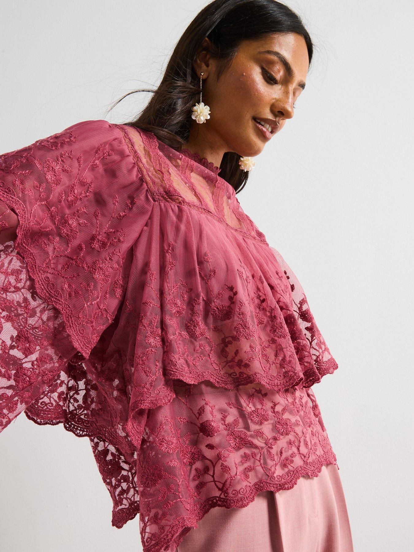  image of v-by-very-sheer-lace-frill-short-sleeve-blouse-pink
