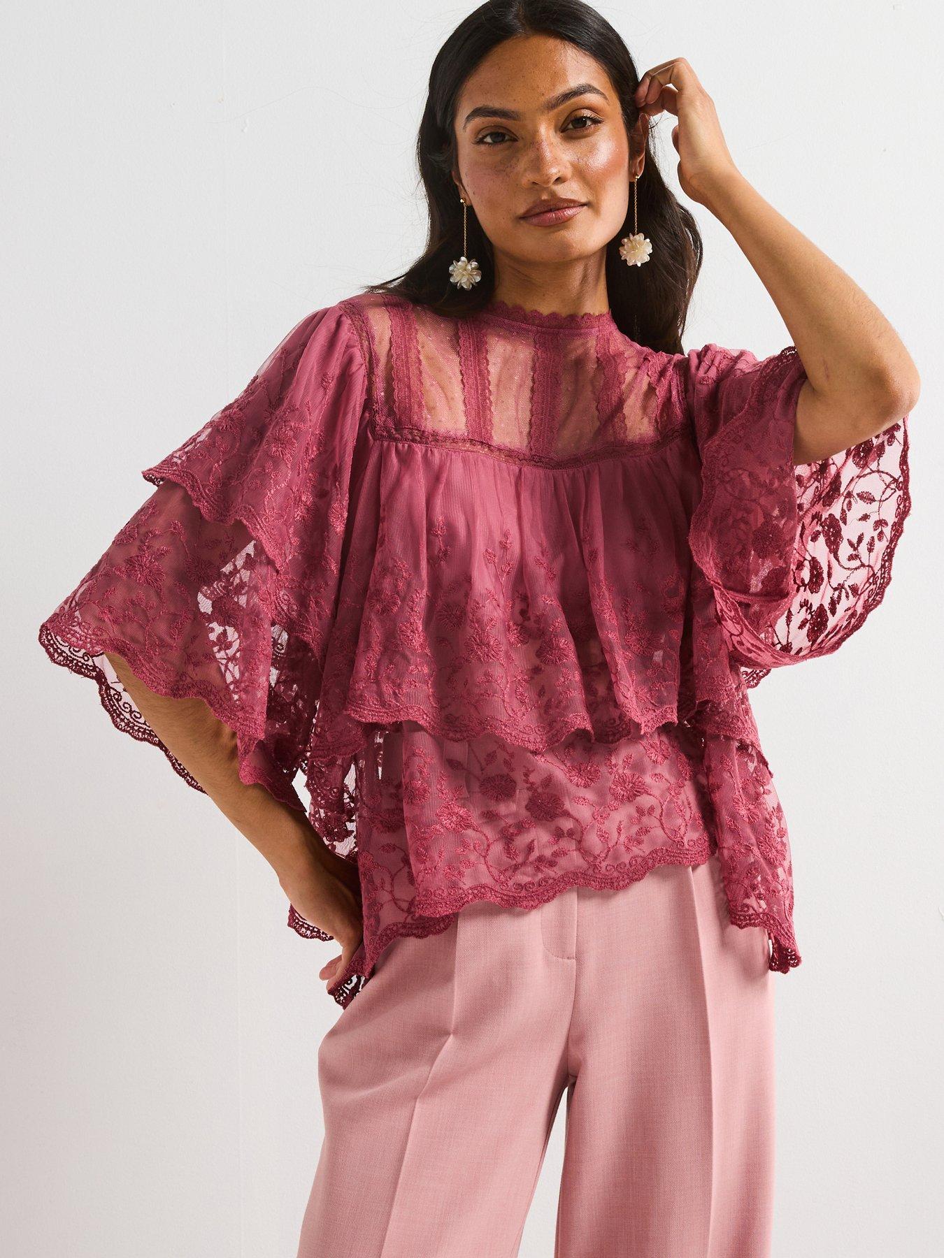  image of v-by-very-sheer-lace-frill-short-sleeve-blouse-pink