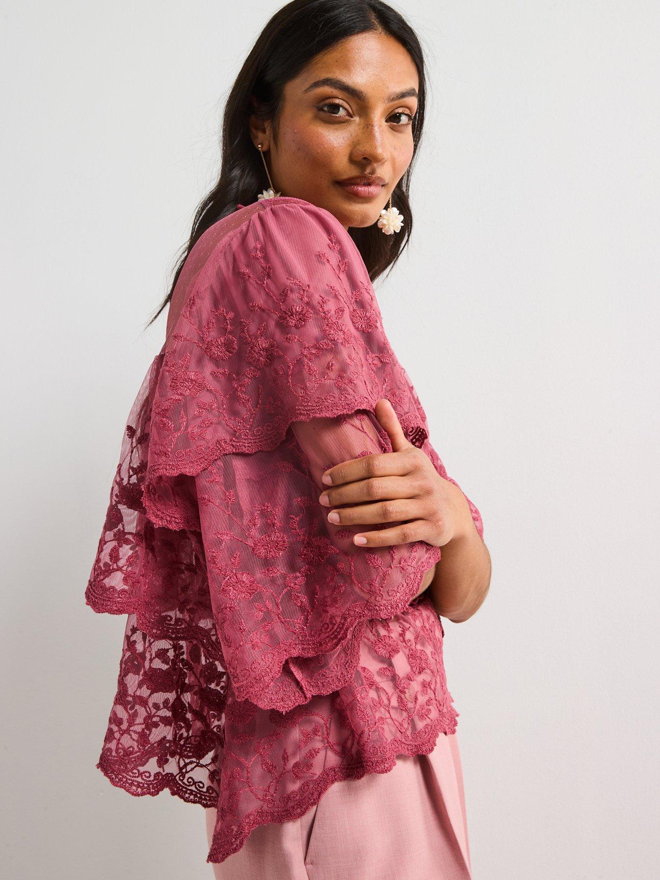  image of v-by-very-sheer-lace-frill-short-sleeve-blouse-pink