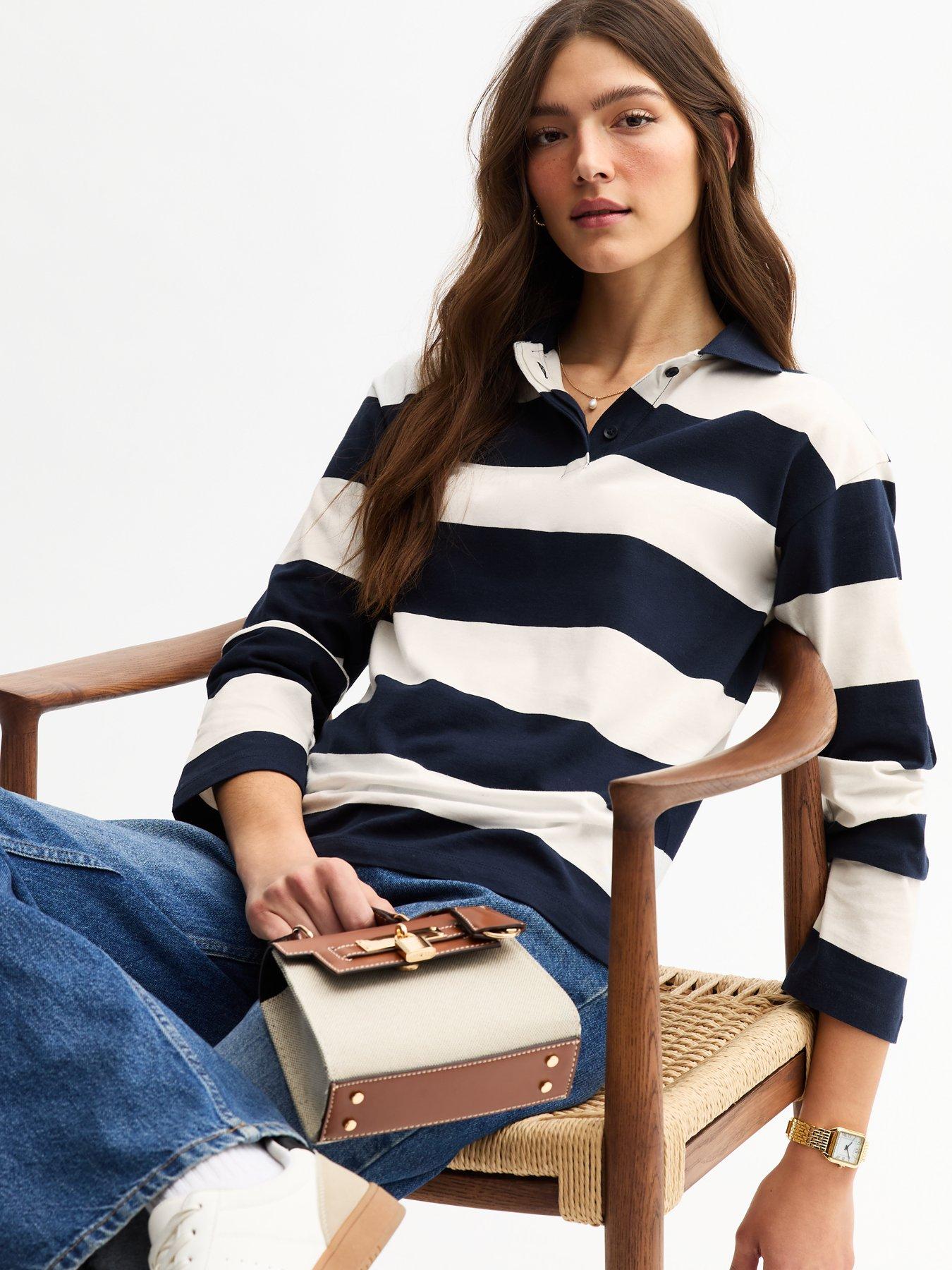 New Look Navy Rugby Stripe Long Sleeve Top