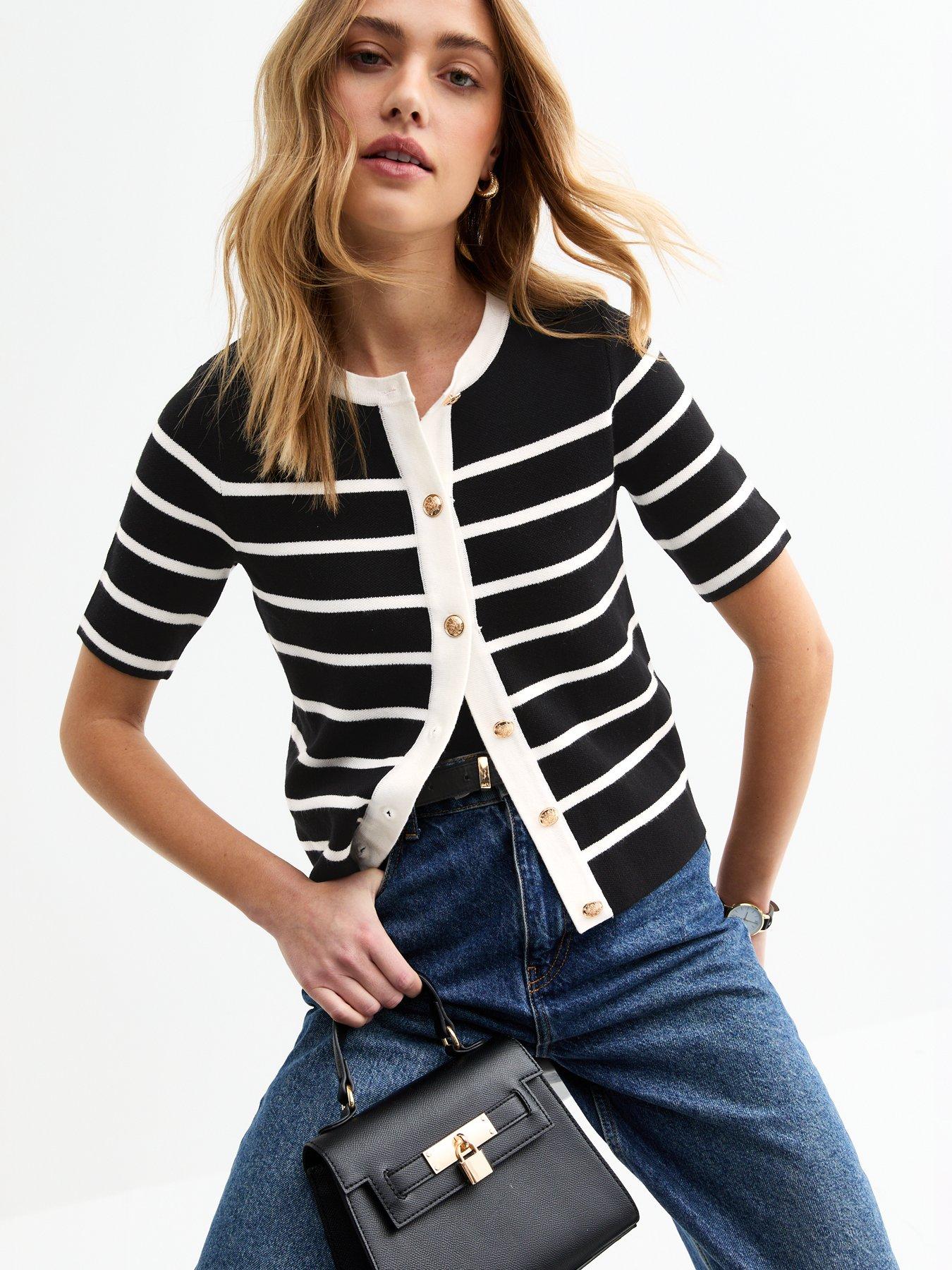  image of new-look-striped-gold-button-cardigan-black