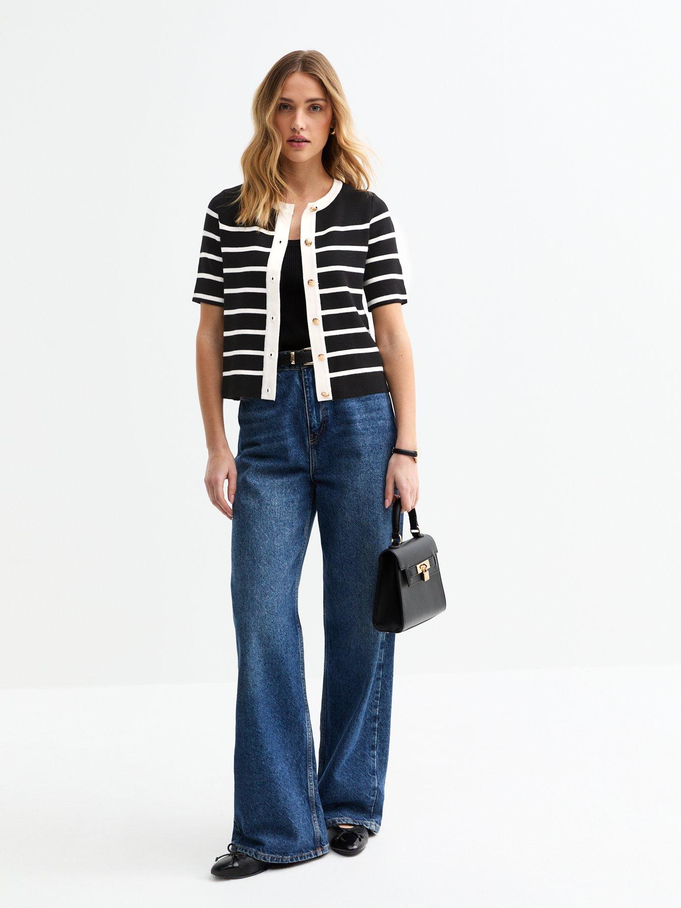  image of new-look-striped-gold-button-cardigan-black