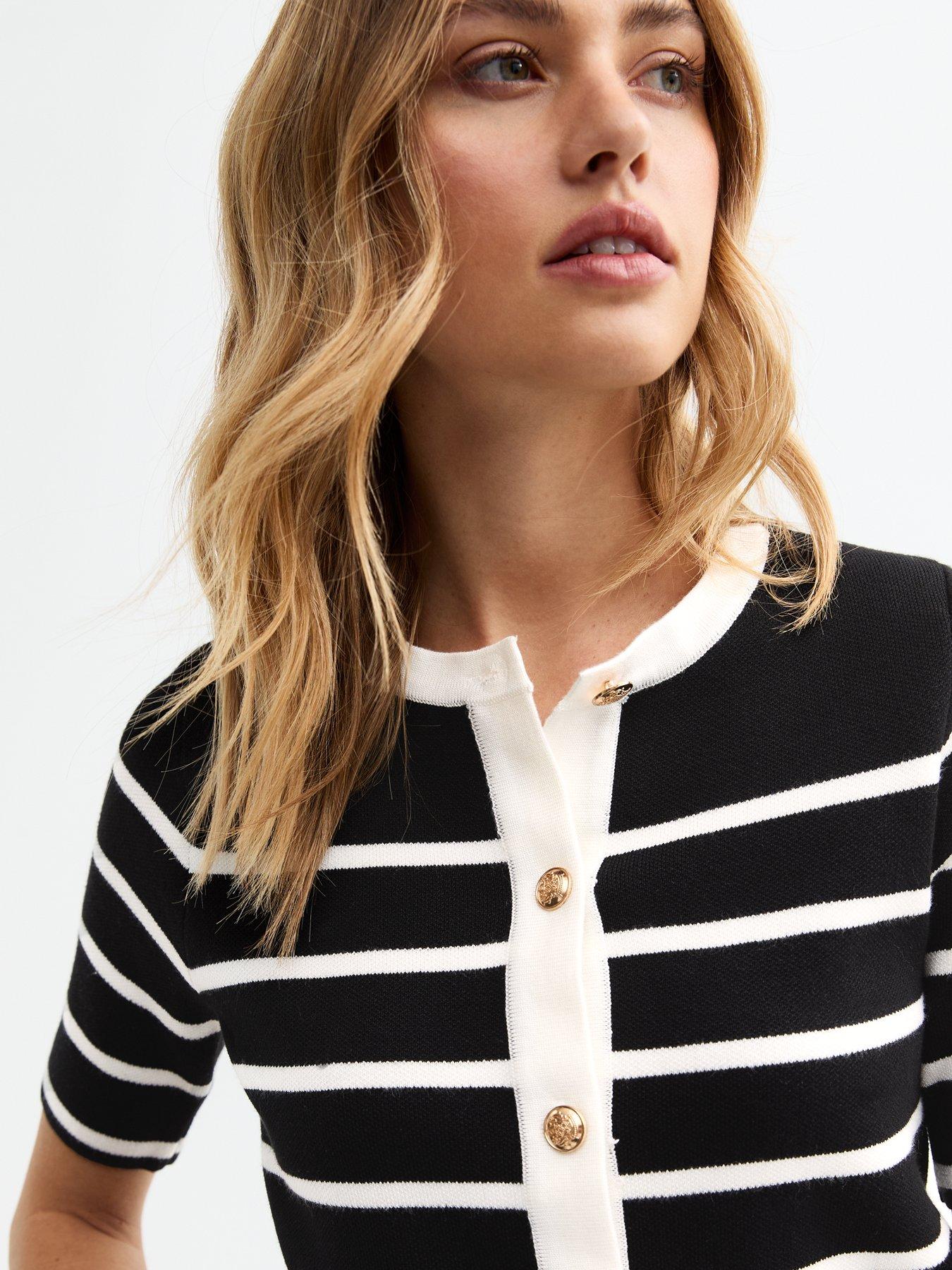  image of new-look-striped-gold-button-cardigan-black