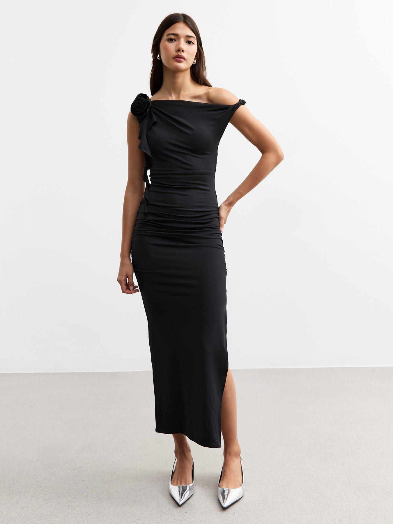 undefined Jersey Off The Shoulder Midi Dress - Black