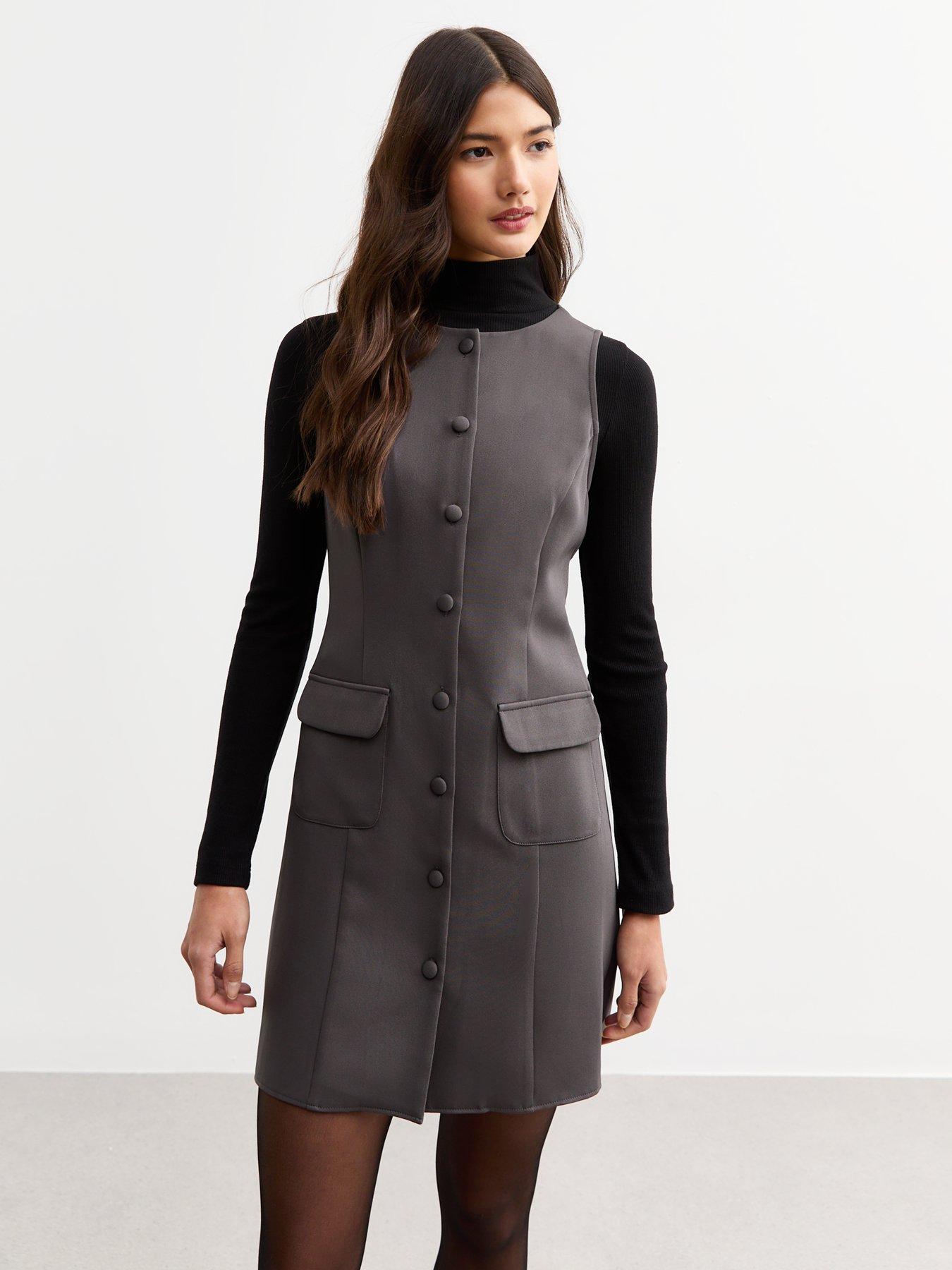 New Look Tailored Button Front Pinafore Dress Grey Littlewoods