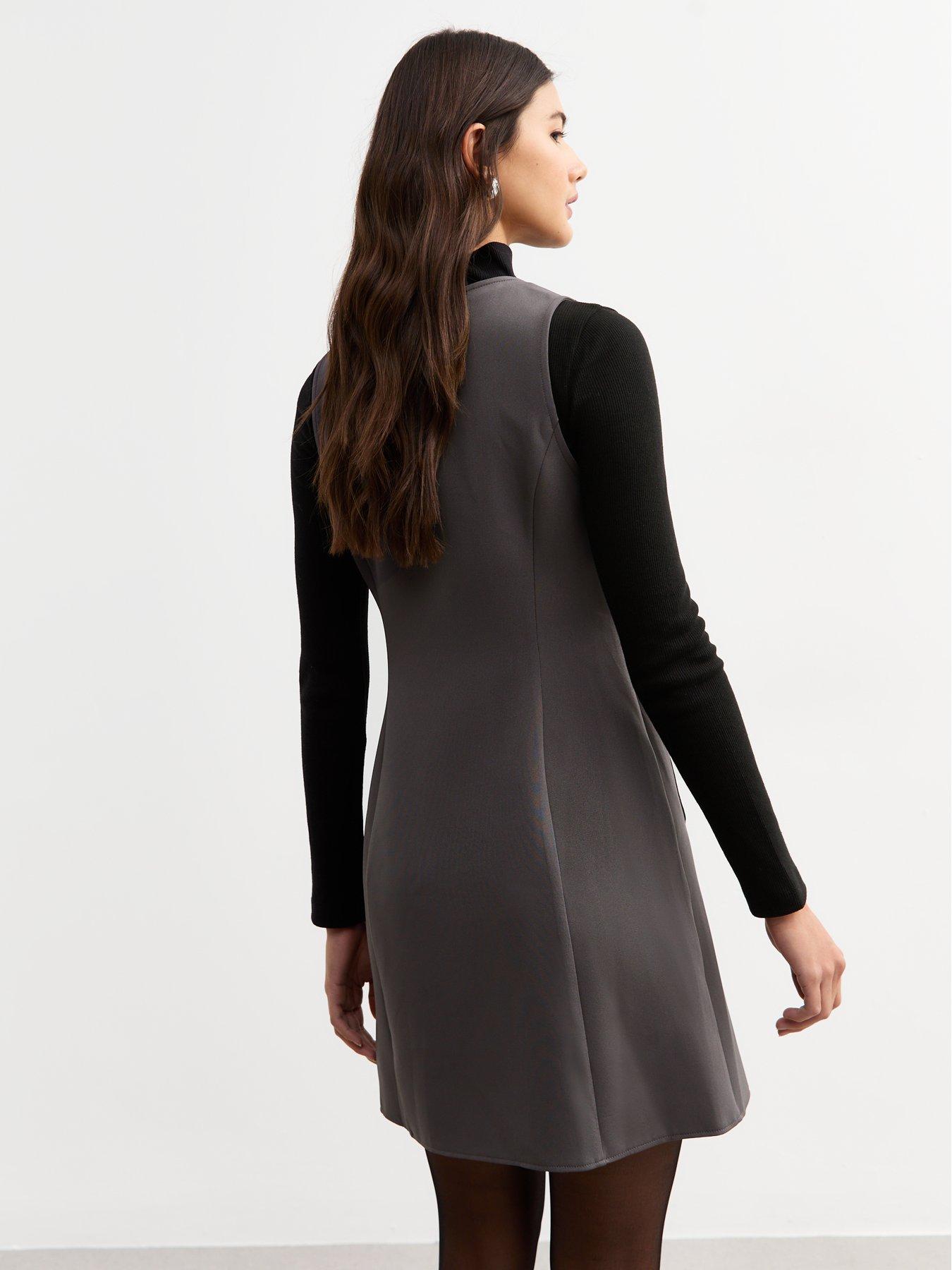  image of new-look-tailored-button-front-pinafore-dress-grey