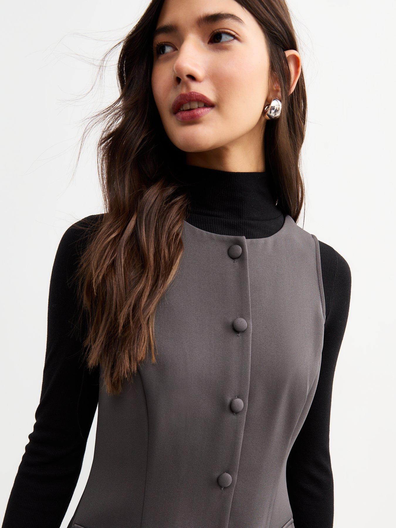  image of new-look-tailored-button-front-pinafore-dress-grey