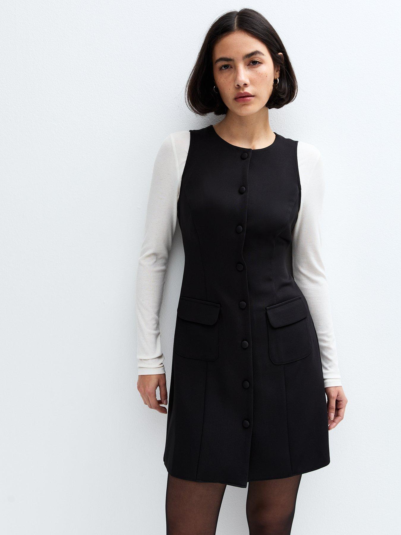 undefined Tailored Button Front Pinafore Dress - Black