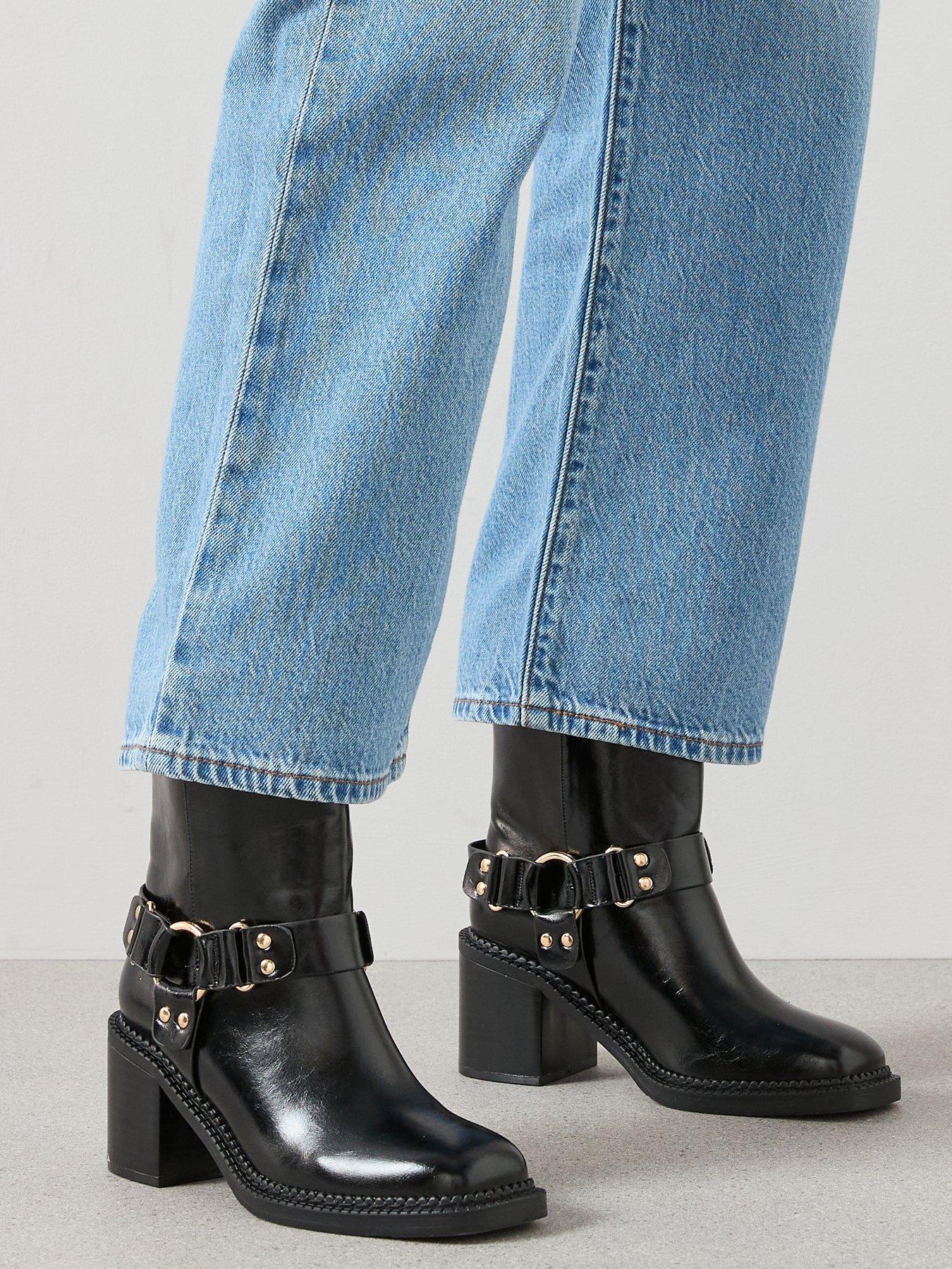 V by Very Mid Calf Low Block Biker Boot - Black