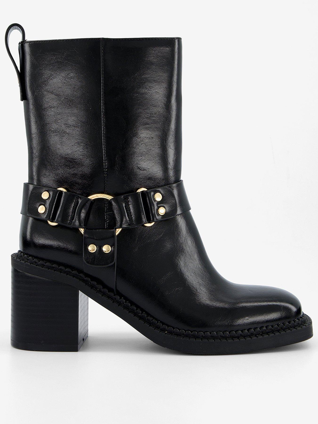 undefined Mid Calf Low Block Biker Boot - Black